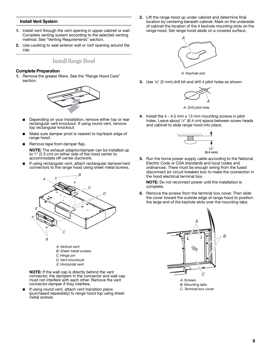 Whirlpool GXU7130DXS installation instructions Install RangeHood, Install Vent System, Complete Preparation 