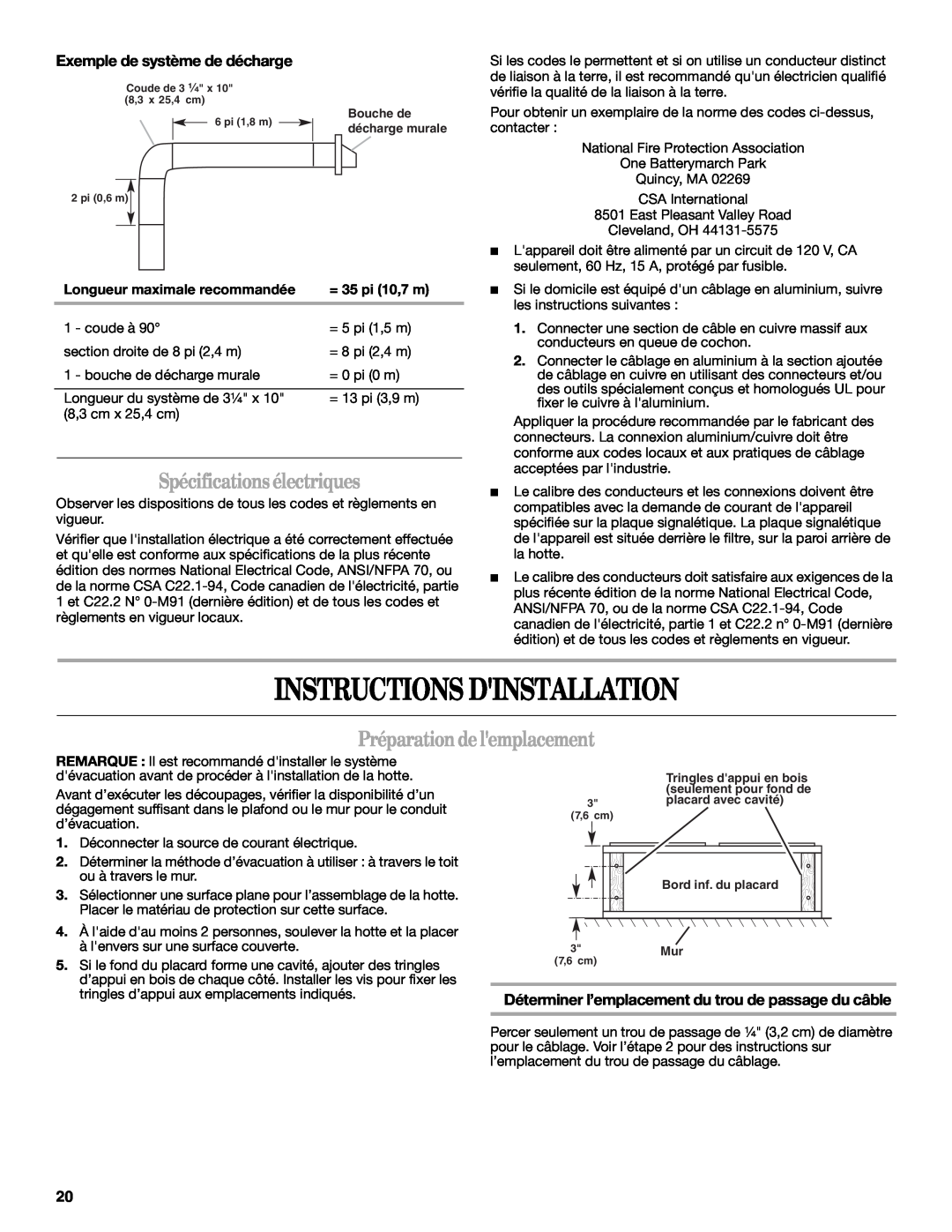Whirlpool GXU7130DXS Instructions Dinstallation, Spécificationsélectriques, Préparationdelemplacement, = 35 pi 10,7 m 