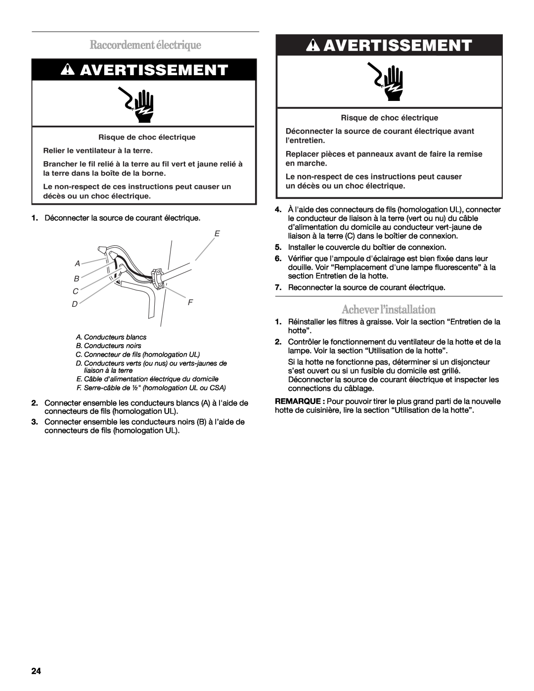Whirlpool GXU7130DXS installation instructions Avertissement, Raccordementélectrique, Acheverl’installation, E A B C Df 