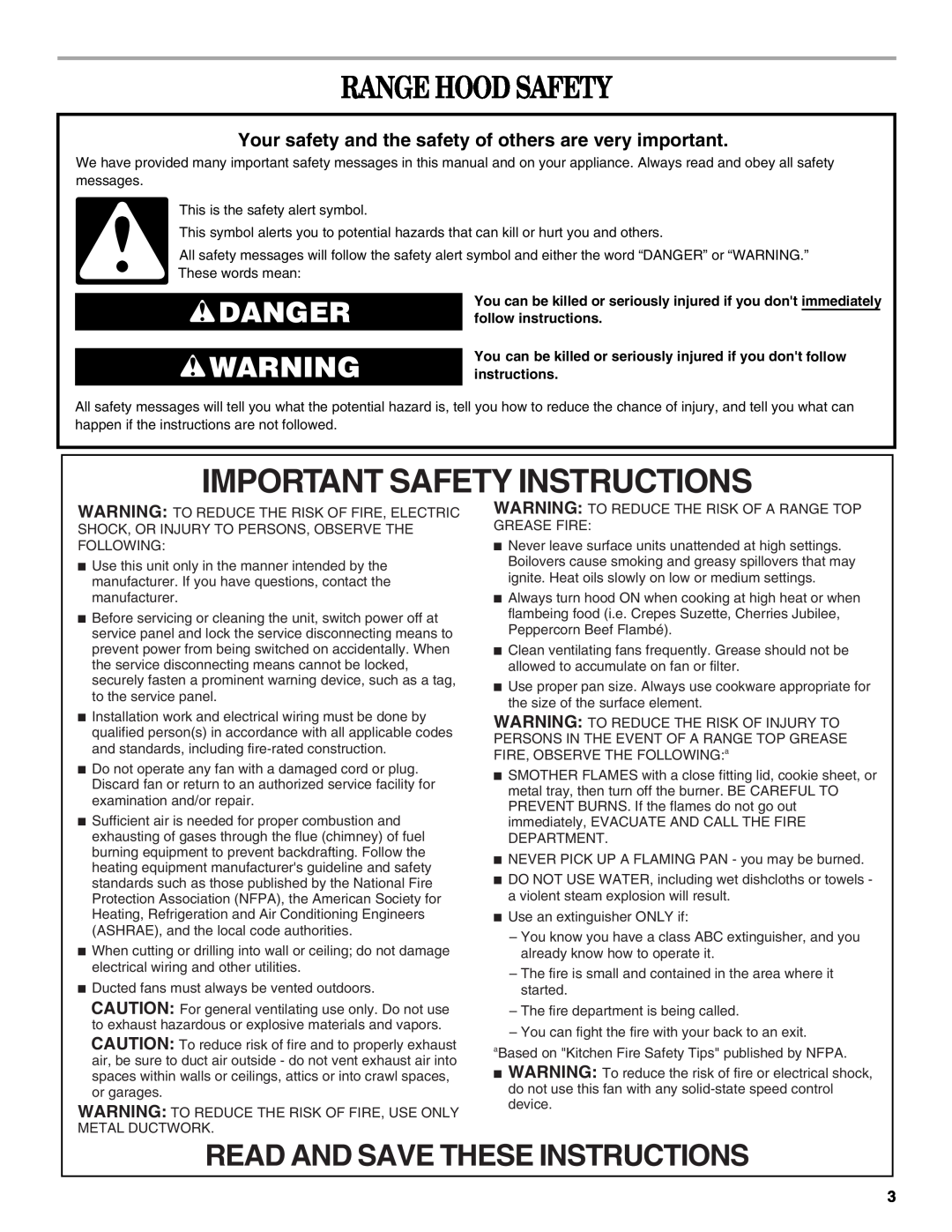 Whirlpool GXU7130DXS Important Safety Instructions, Range Hood Safety, Read And Save These Instructions, Danger 