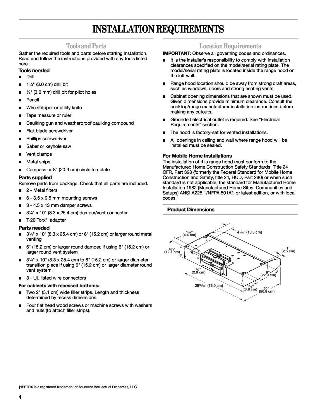 Whirlpool GXU7130DXS Installation Requirements, ToolsandParts, LocationRequirements, Tools needed, Parts supplied 