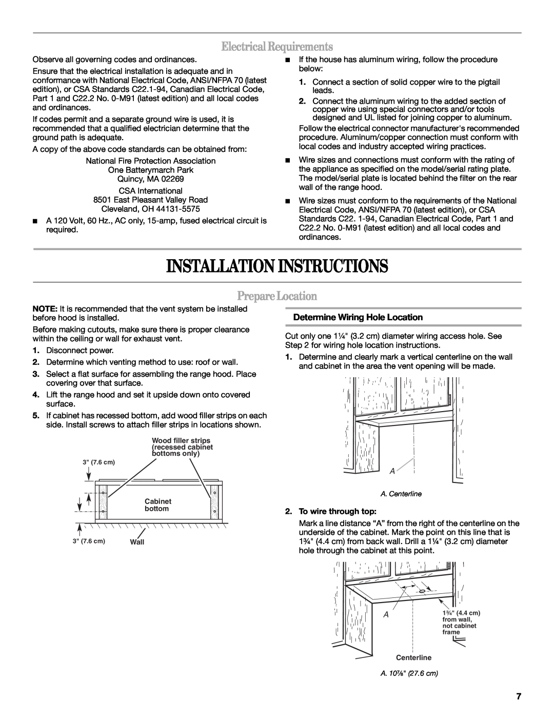 Whirlpool GXU7130DXS Installation Instructions, ElectricalRequirements, PrepareLocation, Determine Wiring Hole Location 