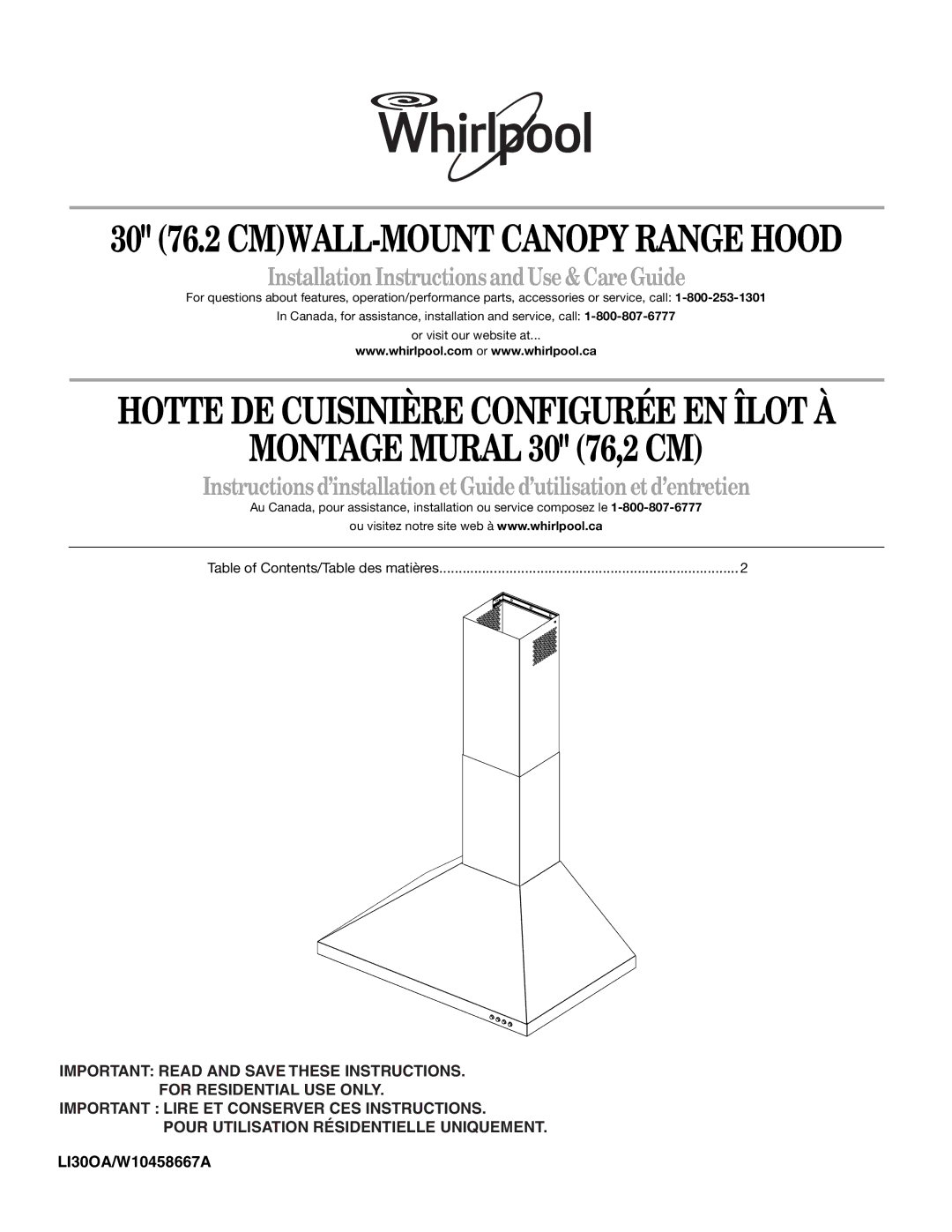 Whirlpool GXW7230DAS installation instructions Montage Mural 30 76,2 CM 