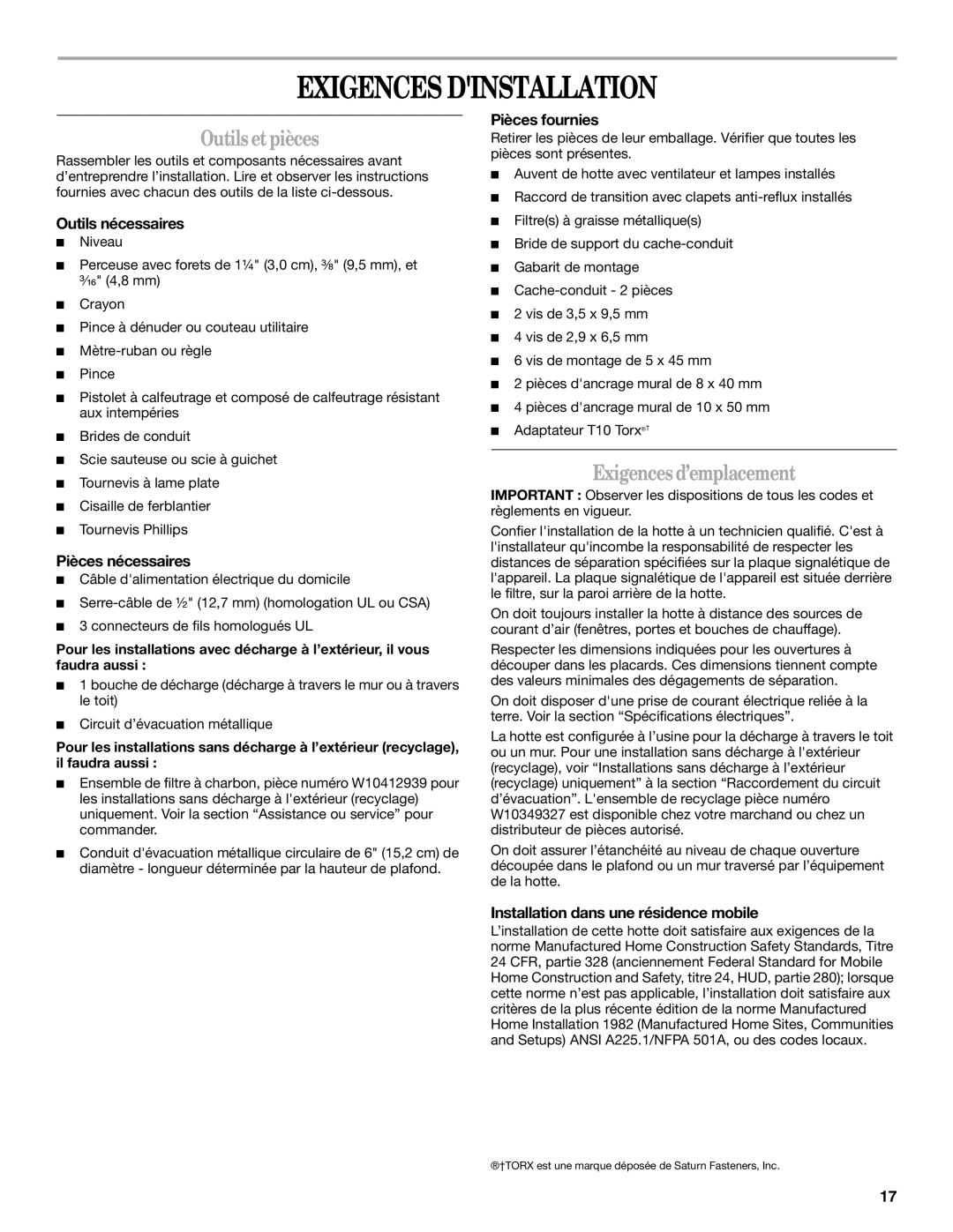 Whirlpool GXW7230DAS installation instructions Exigences Dinstallation, Outils etpièces, Exigences d’emplacement 