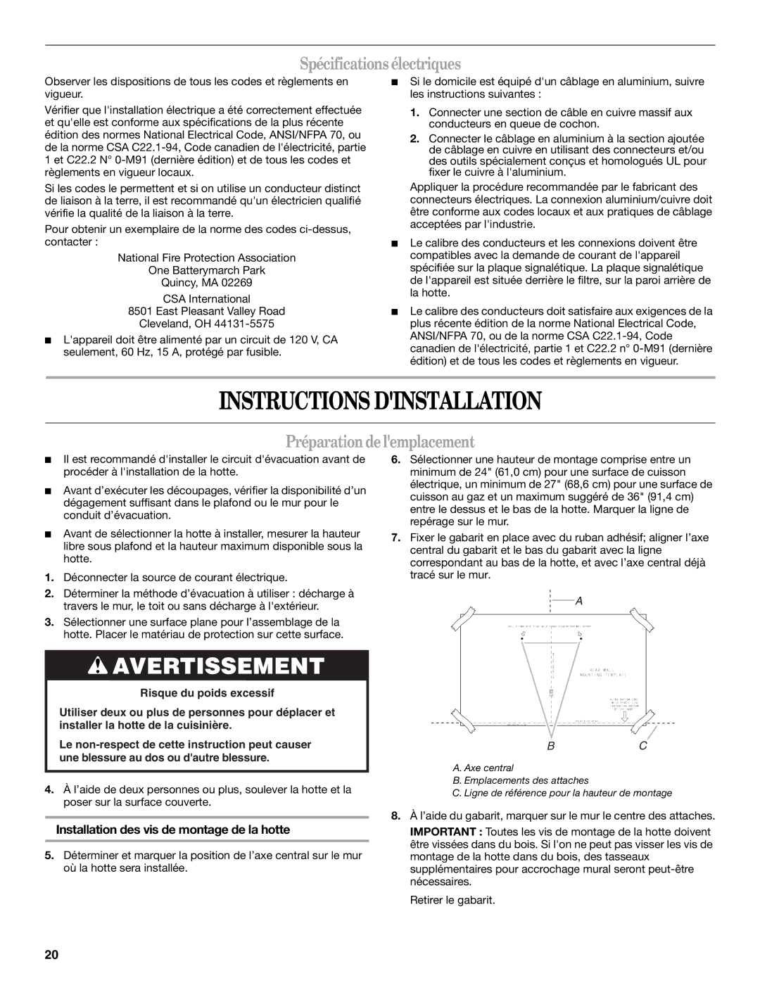 Whirlpool GXW7230DAS Instructions Dinstallation, Spécificationsélectriques, Préparationdelemplacement 