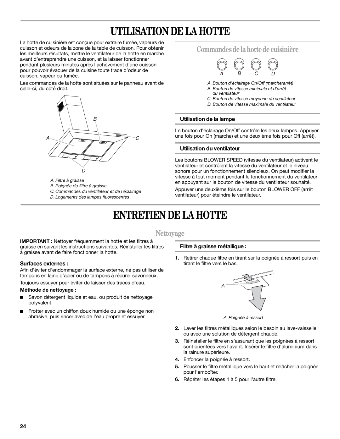 Whirlpool GXW7230DAS Utilisation DE LA Hotte, Entretien DE LA Hotte, Commandesdelahottedecuisinière, Nettoyage 