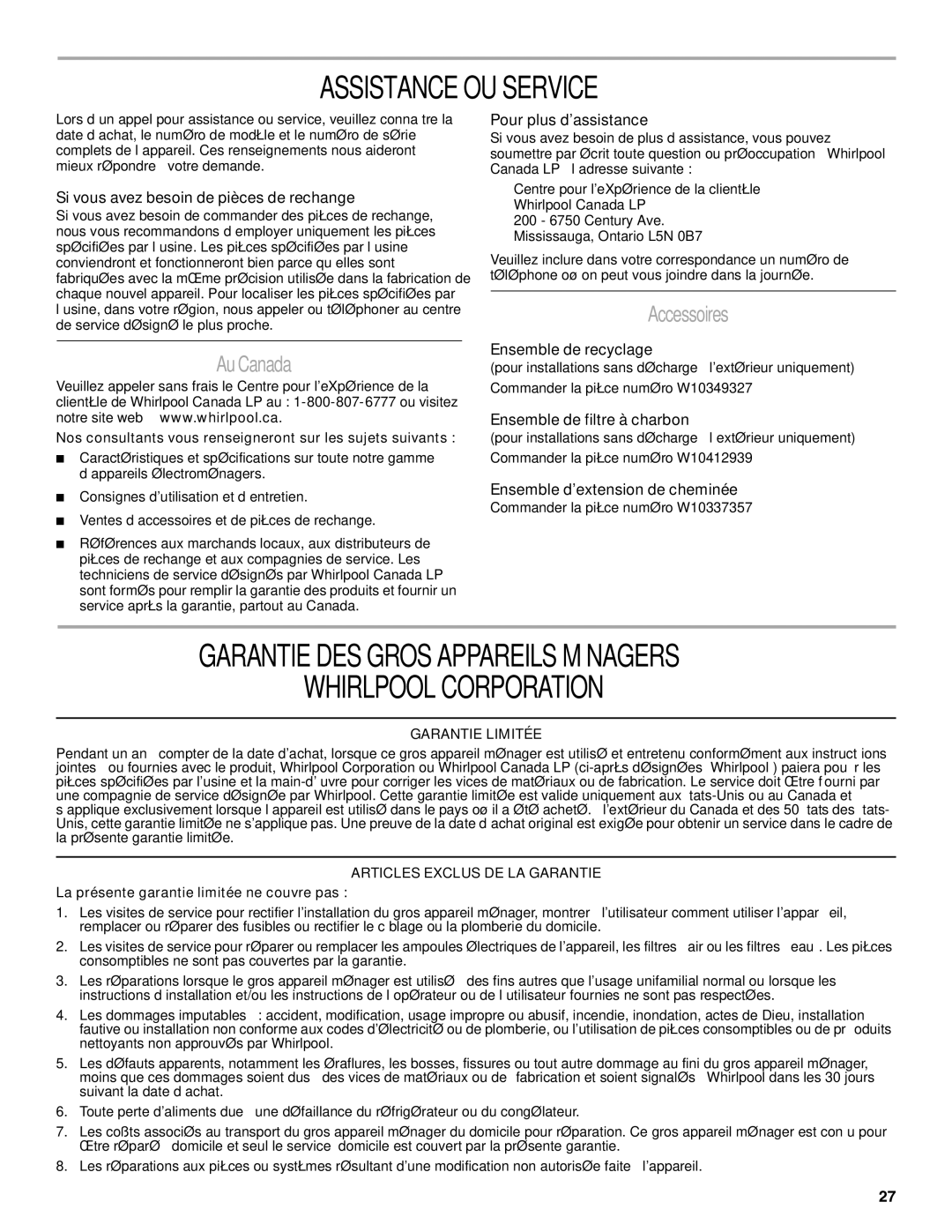 Whirlpool GXW7230DAS Assistance OU Service, Garantie DES Gros Appareils Ménagers Whirlpool Corporation, AuCanada 