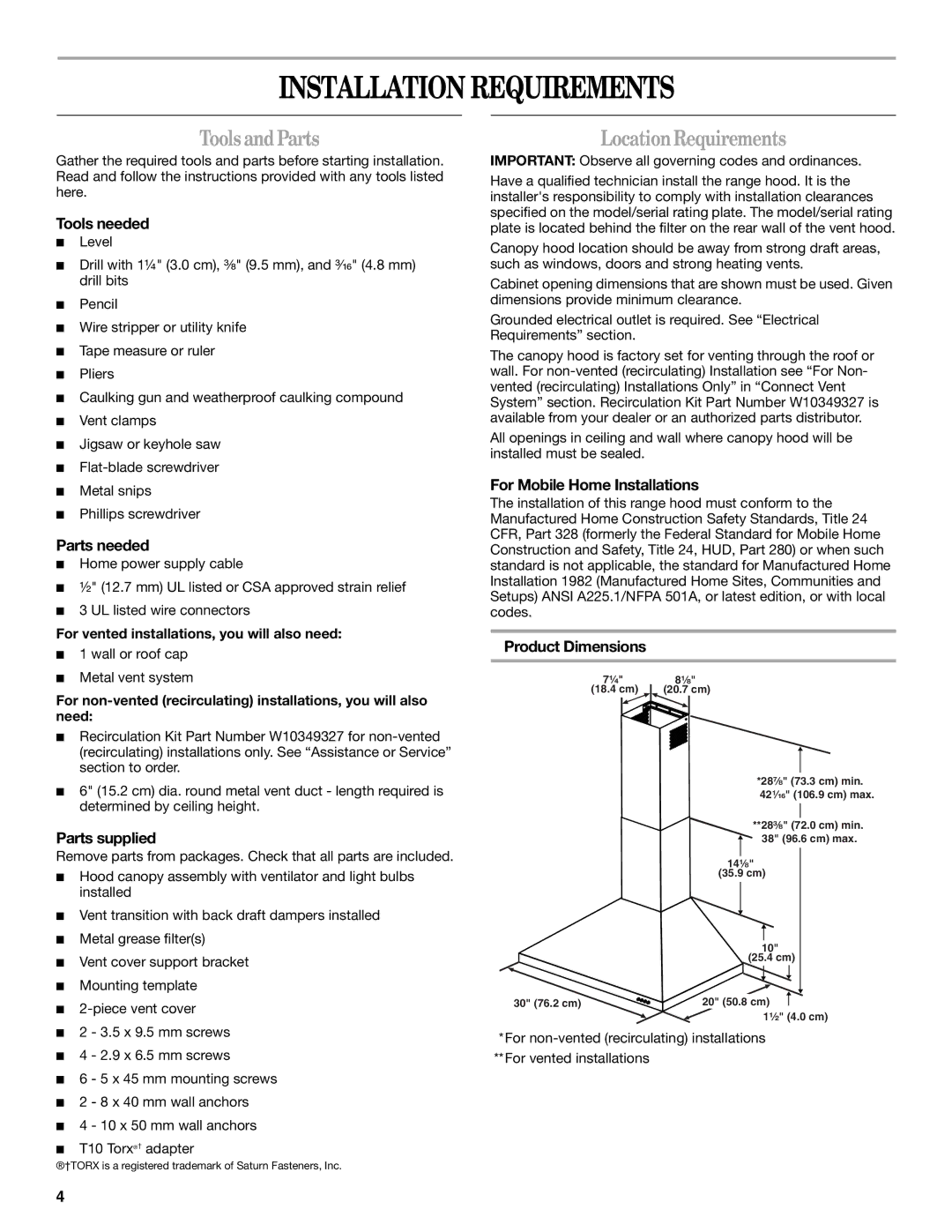 Whirlpool GXW7230DAS installation instructions Installation Requirements, ToolsandParts, LocationRequirements 