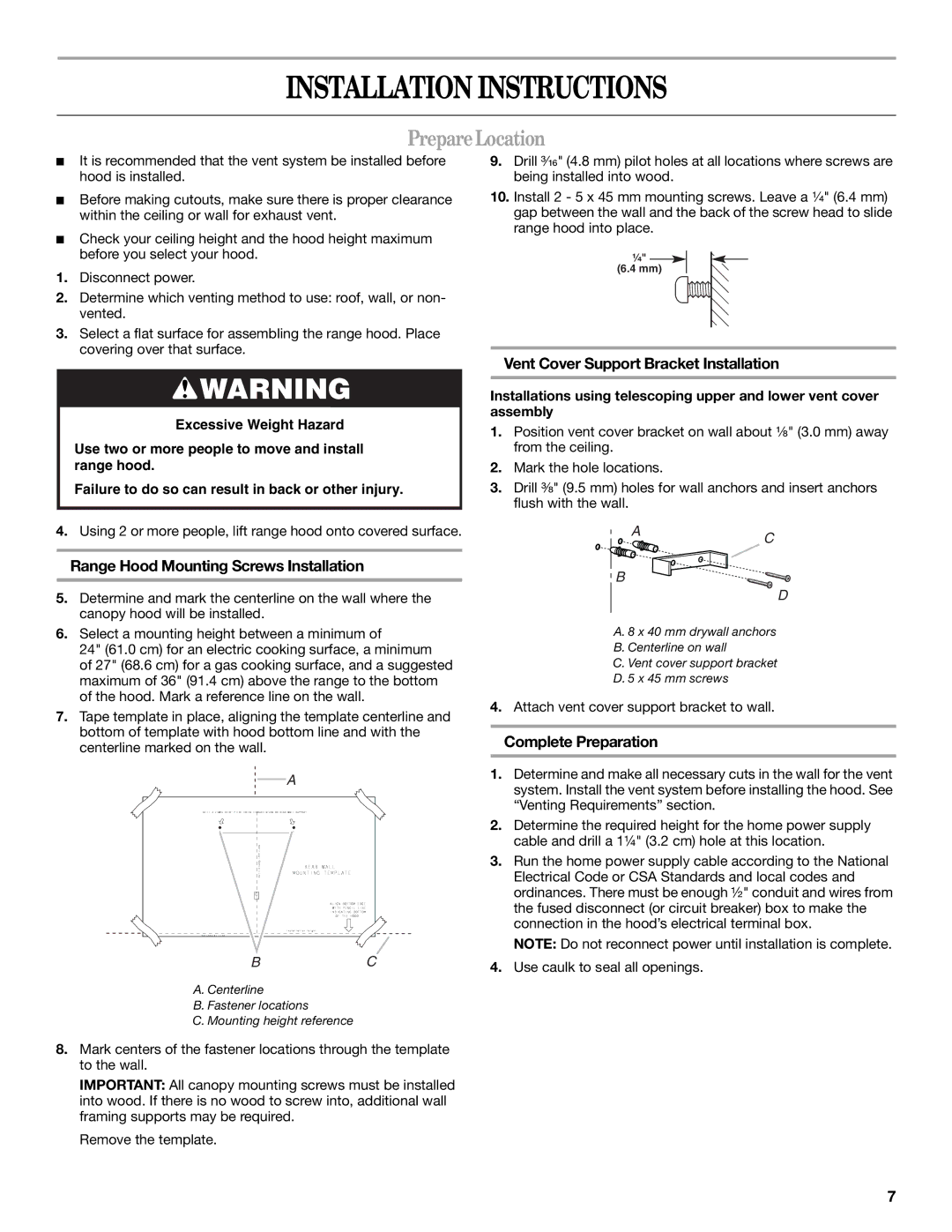 Whirlpool GXW7230DAS Installation Instructions, PrepareLocation, Range Hood Mounting Screws Installation 