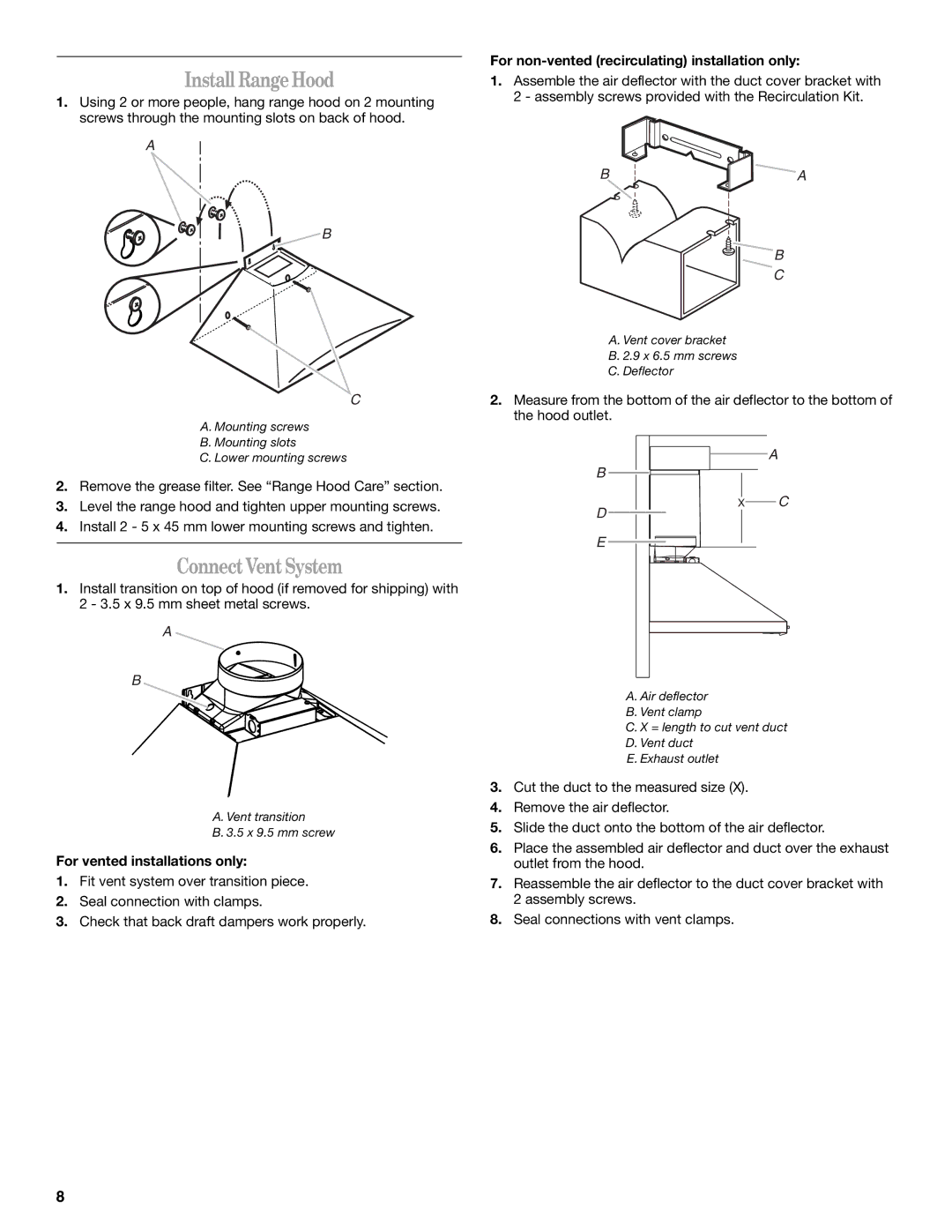 Whirlpool GXW7230DAS installation instructions Install RangeHood, ConnectVentSystem, For vented installations only 