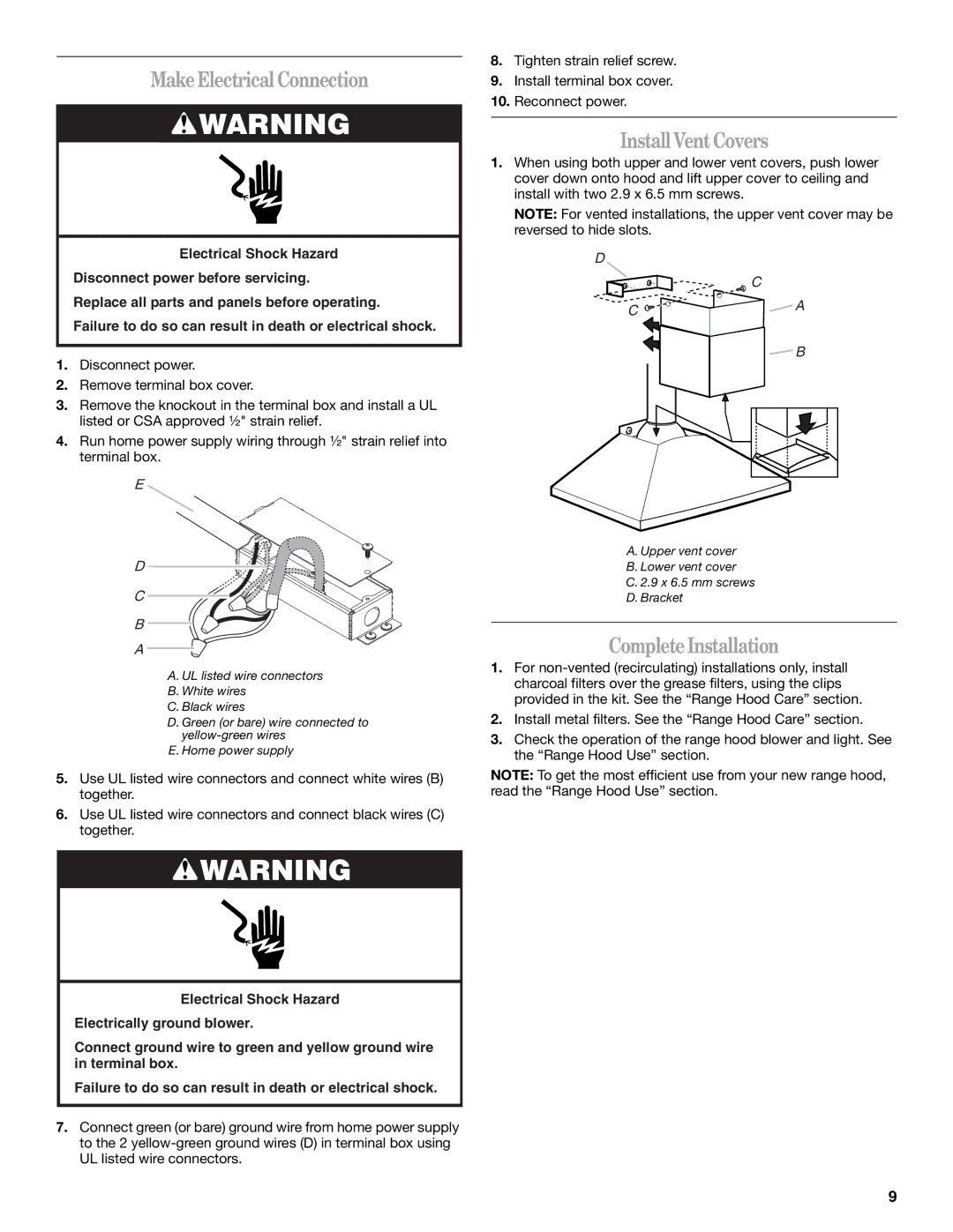 Whirlpool GXW7230DAS installation instructions MakeElectrical Connection, InstallVentCovers, CompleteInstallation 