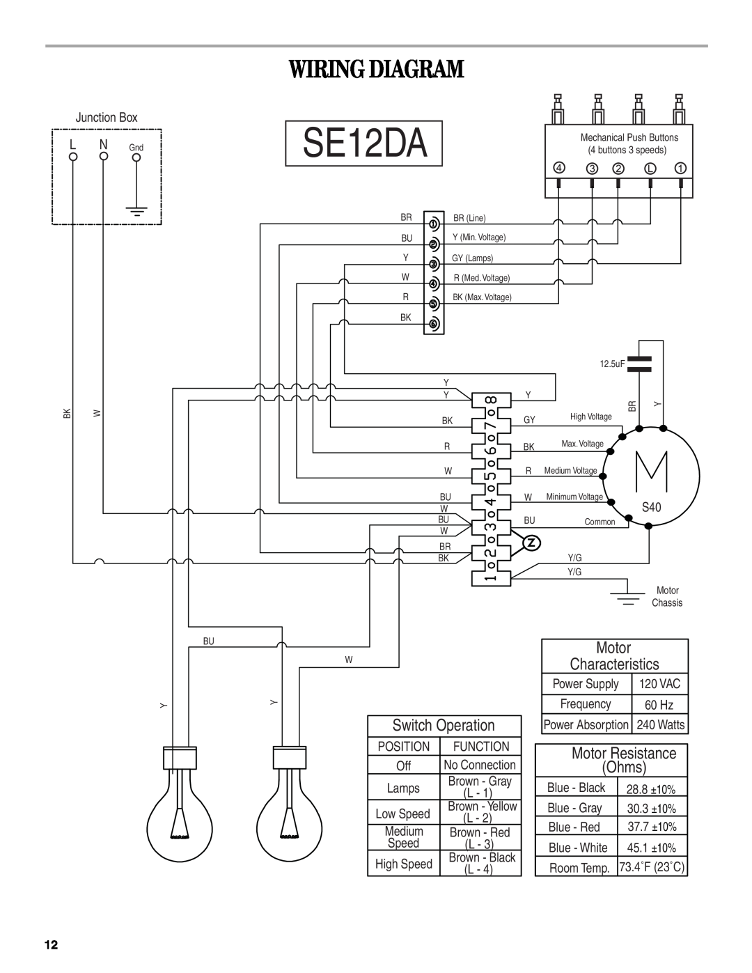 Whirlpool GXW7230DAS installation instructions SE12DA, Wiring Diagram, Switch Operation, Motor Resistance, Ohms, L N Gnd 