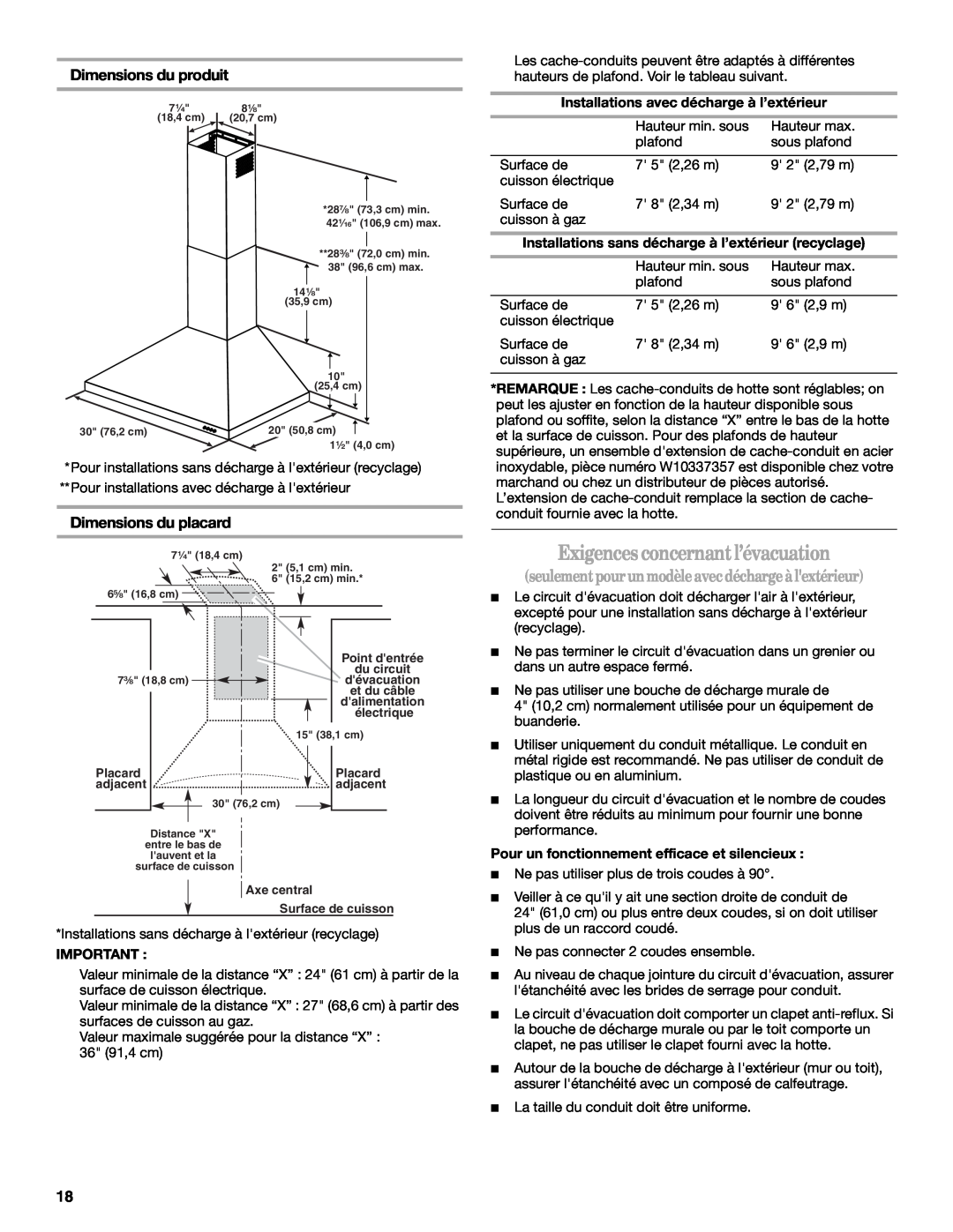 Whirlpool GXW7230DAS Exigencesconcernantl’évacuation, seulementpourunmodèle avecdéchargeàlextérieur, Dimensions du produit 