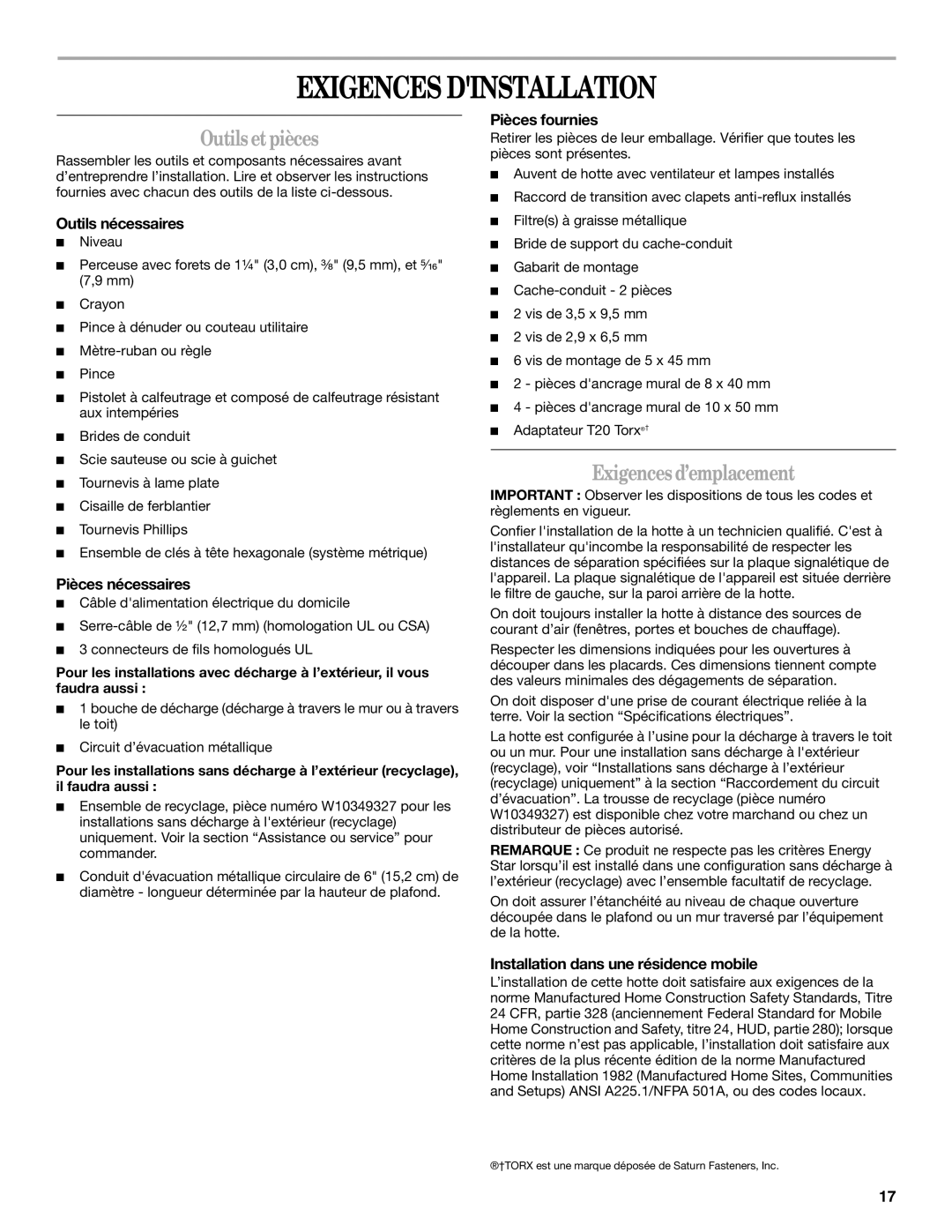 Whirlpool GXW7330DXS, GXW7336DXS installation instructions Exigences Dinstallation, Outils etpièces, Exigences d’emplacement 