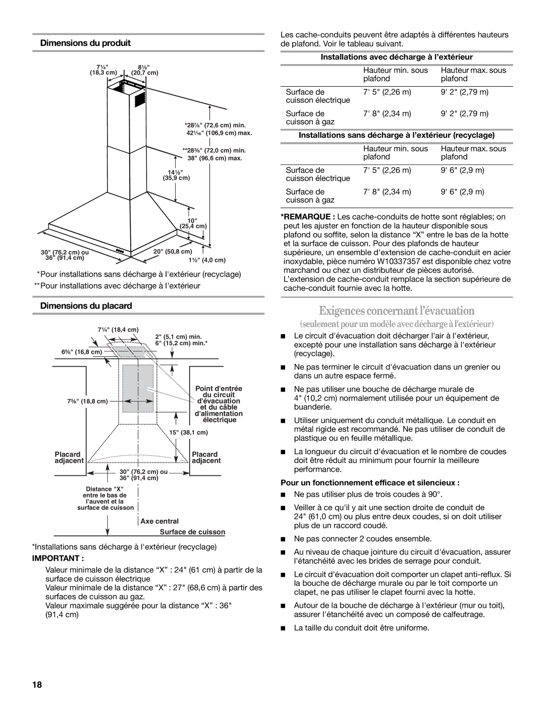 Whirlpool GXW7336DXS, GXW7330DXS Exigencesconcernantl’évacuation, Dimensions du produit, Dimensions du placard 