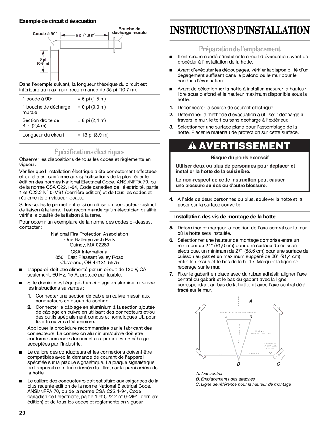 Whirlpool GXW7336DXS, GXW7330DXS Préparationdelemplacement, Spécificationsélectriques, Exemple de circuit dévacuation 