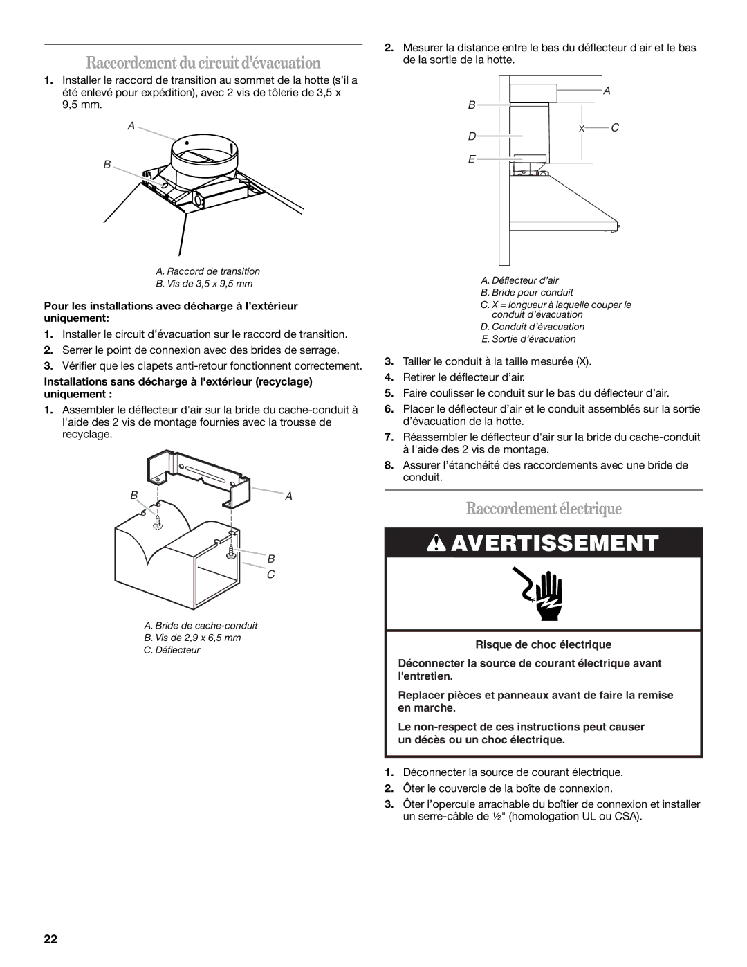 Whirlpool GXW7336DXS, GXW7330DXS installation instructions Raccordementducircuitdévacuation, Raccordementélectrique 