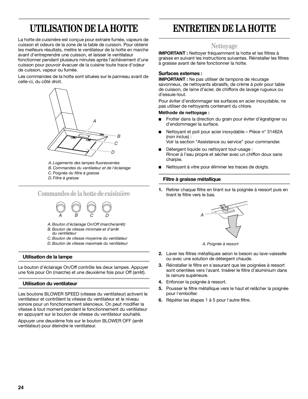 Whirlpool GXW7336DXS, GXW7330DXS installation instructions Entretien DE LA Hotte, Commandesdelahottedecuisinière, Nettoyage 