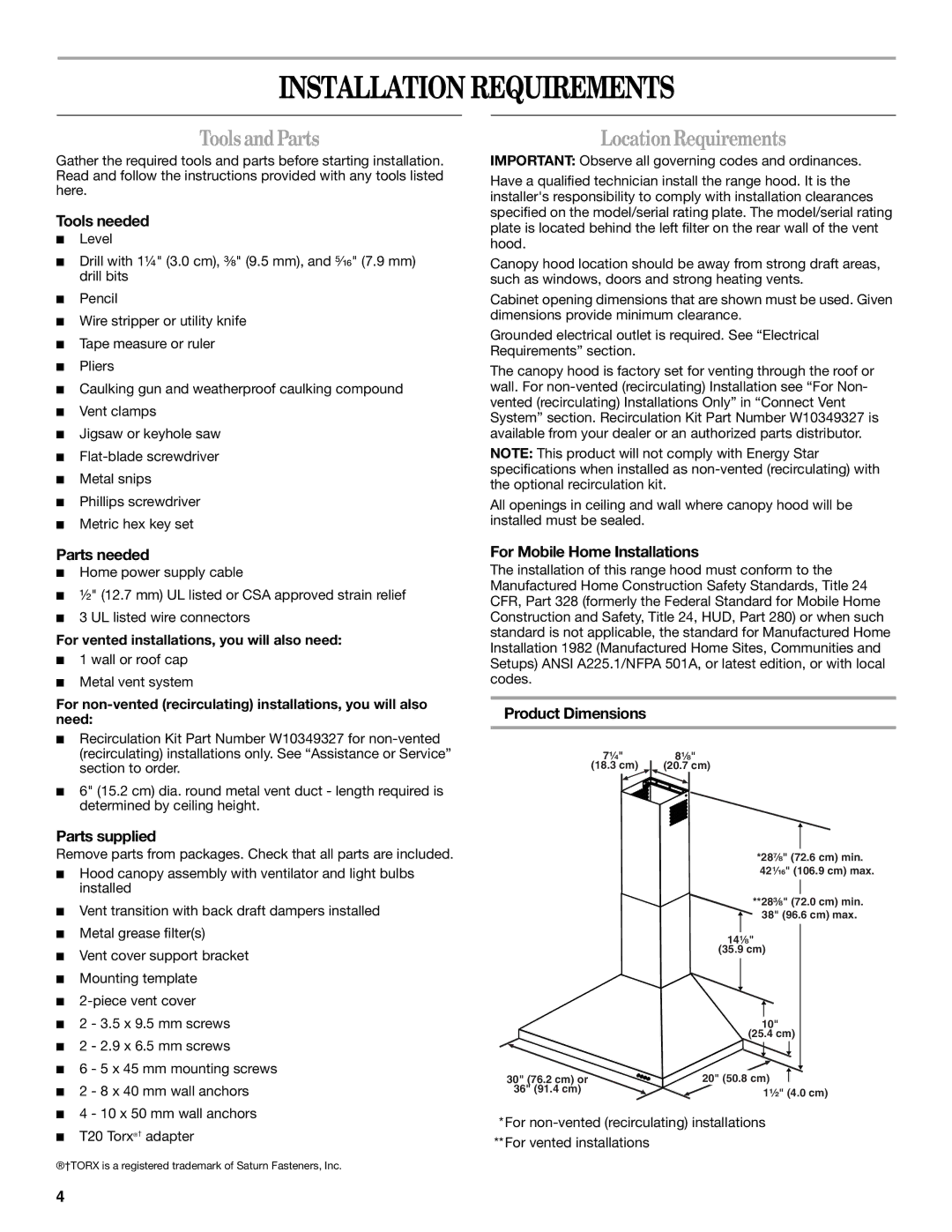 Whirlpool GXW7336DXS, GXW7330DXS installation instructions Installation Requirements, ToolsandParts, LocationRequirements 