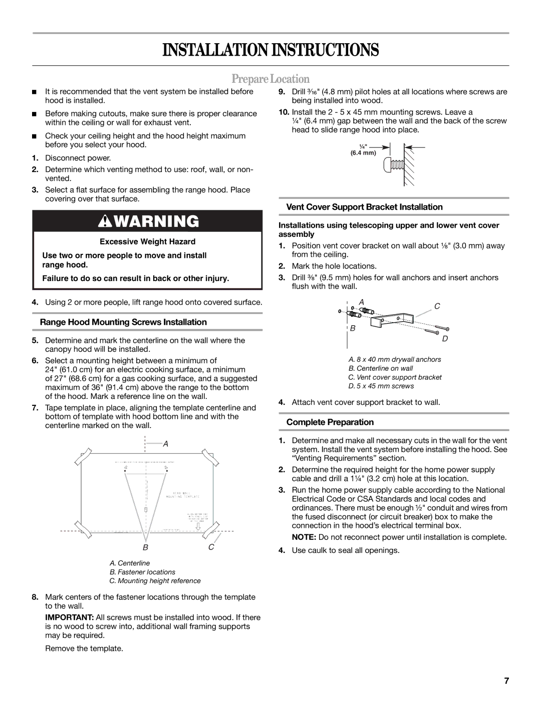 Whirlpool GXW7330DXS, GXW7336DXS Installation Instructions, PrepareLocation, Range Hood Mounting Screws Installation 