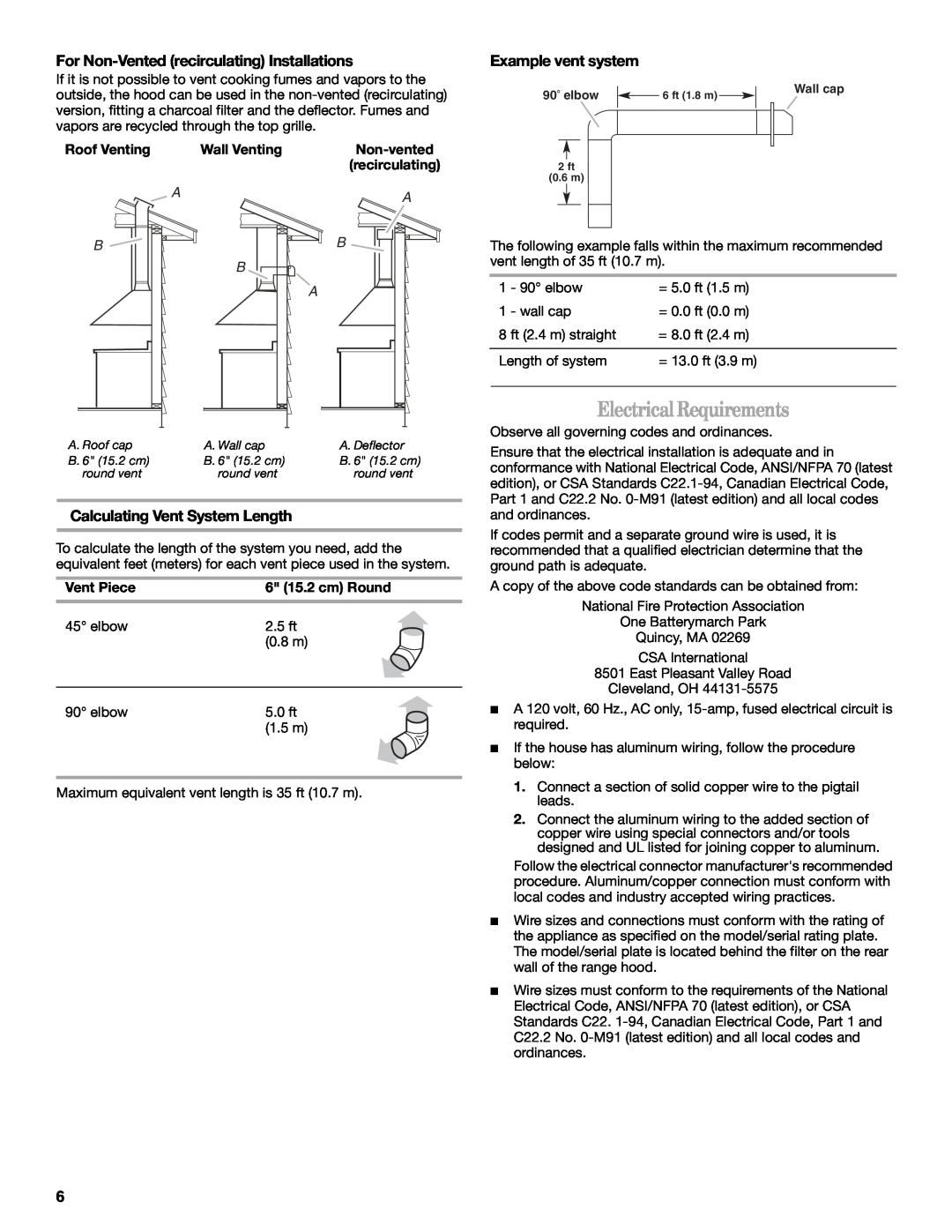 Whirlpool GXW7336DXS Electrical Requirements, For Non-Vented recirculating Installations, Example vent system, Non-vented 