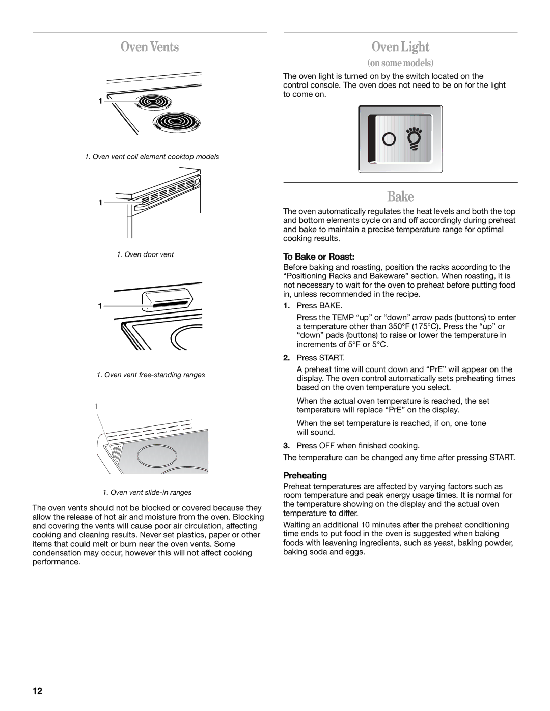 Whirlpool GY395LXGB0 manual Oven Vents, Oven Light, To Bake or Roast, Preheating 