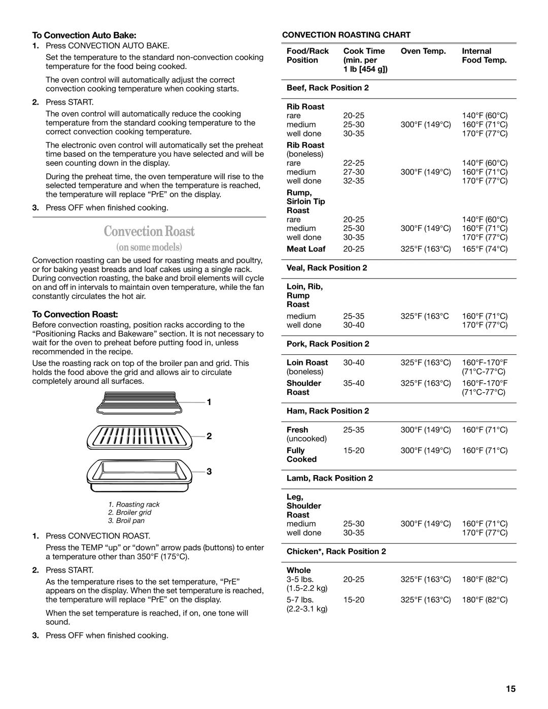 Whirlpool GY395LXGB0 manual To Convection Auto Bake, To Convection Roast, Convection Roasting Chart 