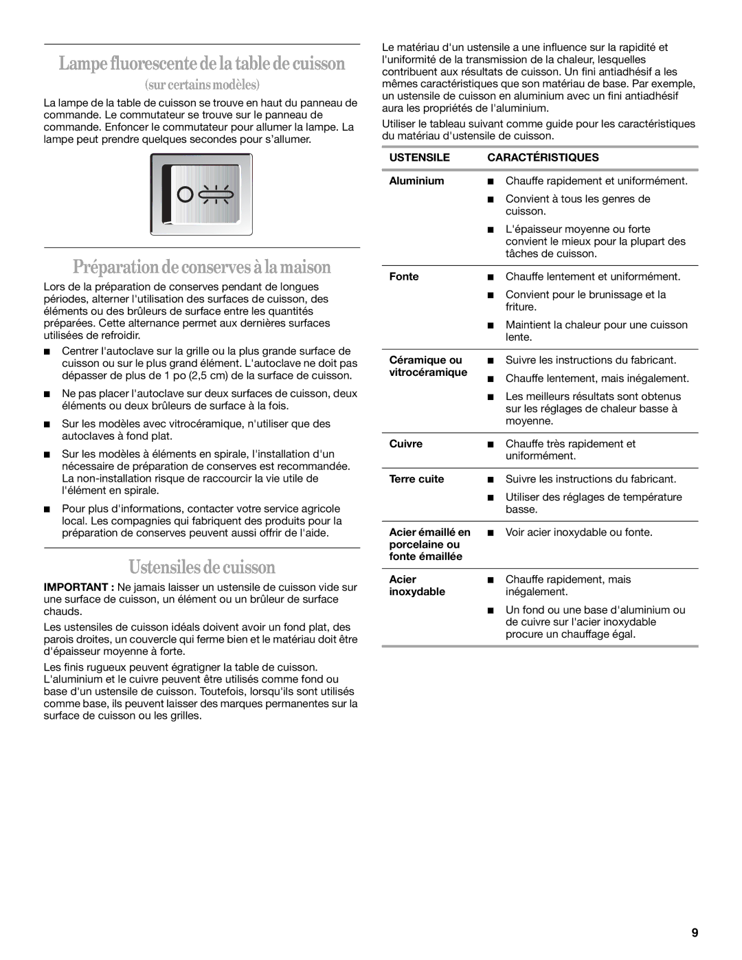 Whirlpool GY395LXGB0 manual Préparation de conserves à la maison, Ustensiles de cuisson, Ustensile Caractéristiques 