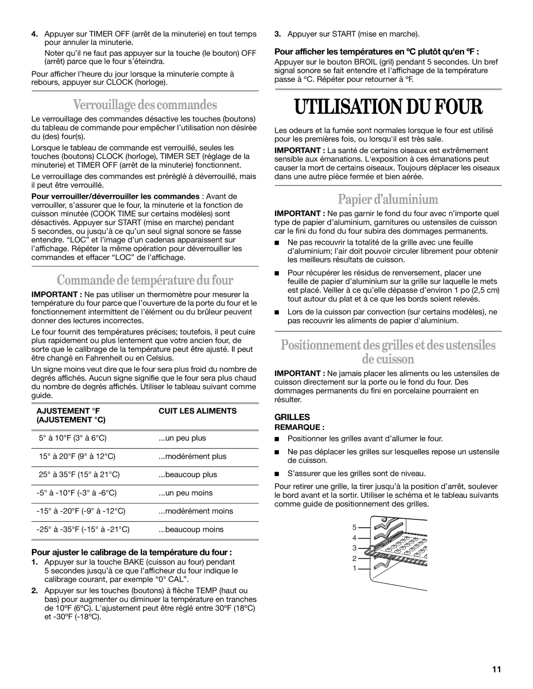 Whirlpool GY395LXGB0 Utilisation DU Four, Verrouillage des commandes, Commande de température du four, Papier d’aluminium 