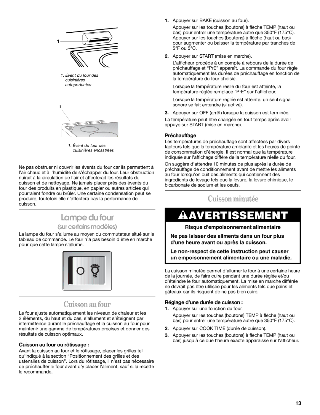 Whirlpool GY395LXGB0 manual Cuisson minutée, Préchauffage, Cuisson au four ou rôtissage, Réglage d’une durée de cuisson 