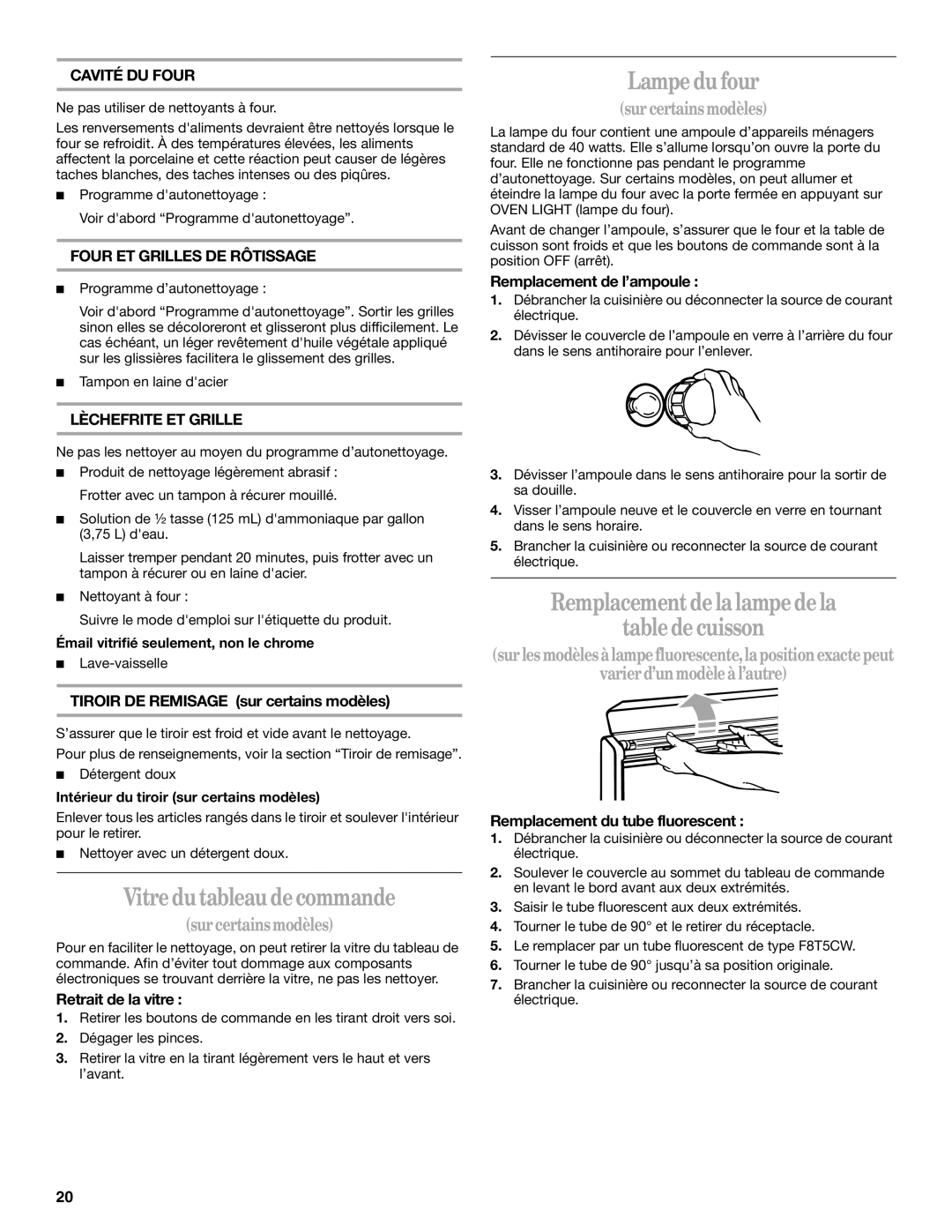 Whirlpool GY395LXGB0 manual Vitre du tableau de commande, Lampe du four, Remplacement de la lampe de la Table de cuisson 