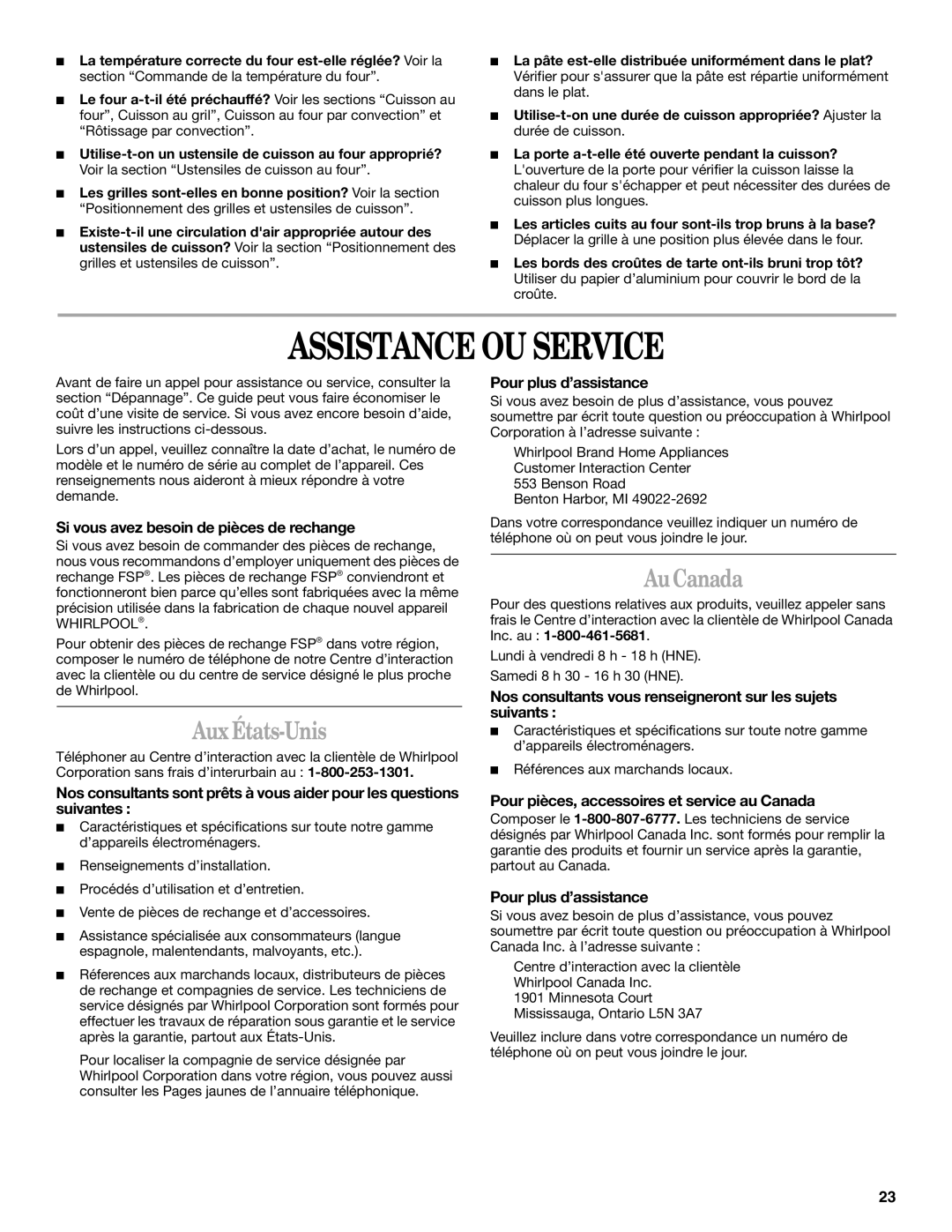 Whirlpool GY395LXGB0 manual Assistance OU Service, Aux États-Unis, Au Canada 