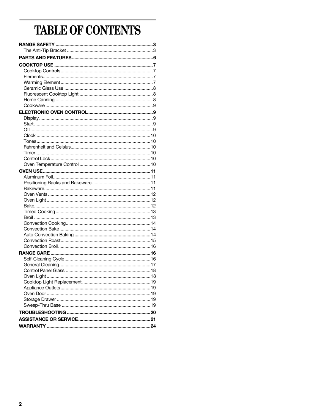 Whirlpool GY395LXGB0 manual Table Of Contents 