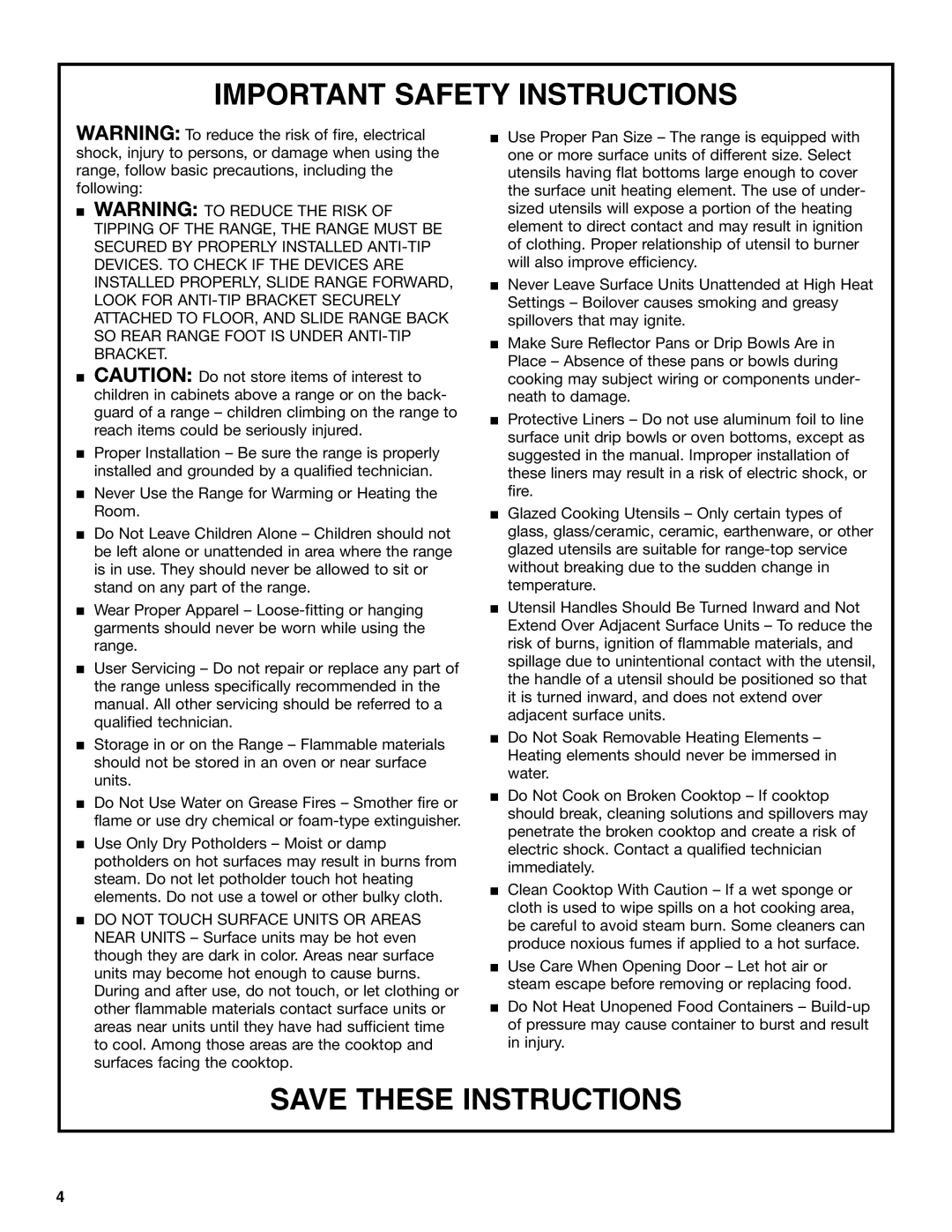 Whirlpool GY395LXGB0 manual Important Safety Instructions, Save These Instructions 