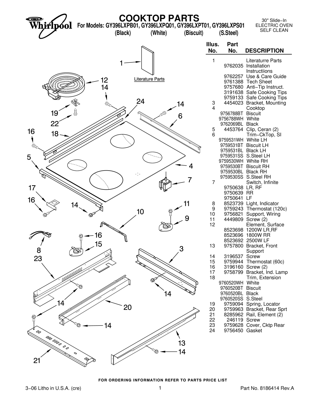 Whirlpool GY396LXPB01, GY396LXPQ01, GY396LXPT01, GY396LXPS01 manual Cooktop Parts 