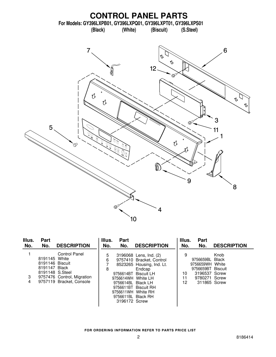 Whirlpool GY396LXPT01, GY396LXPQ01, GY396LXPB01, GY396LXPS01 manual Control Panel Parts 