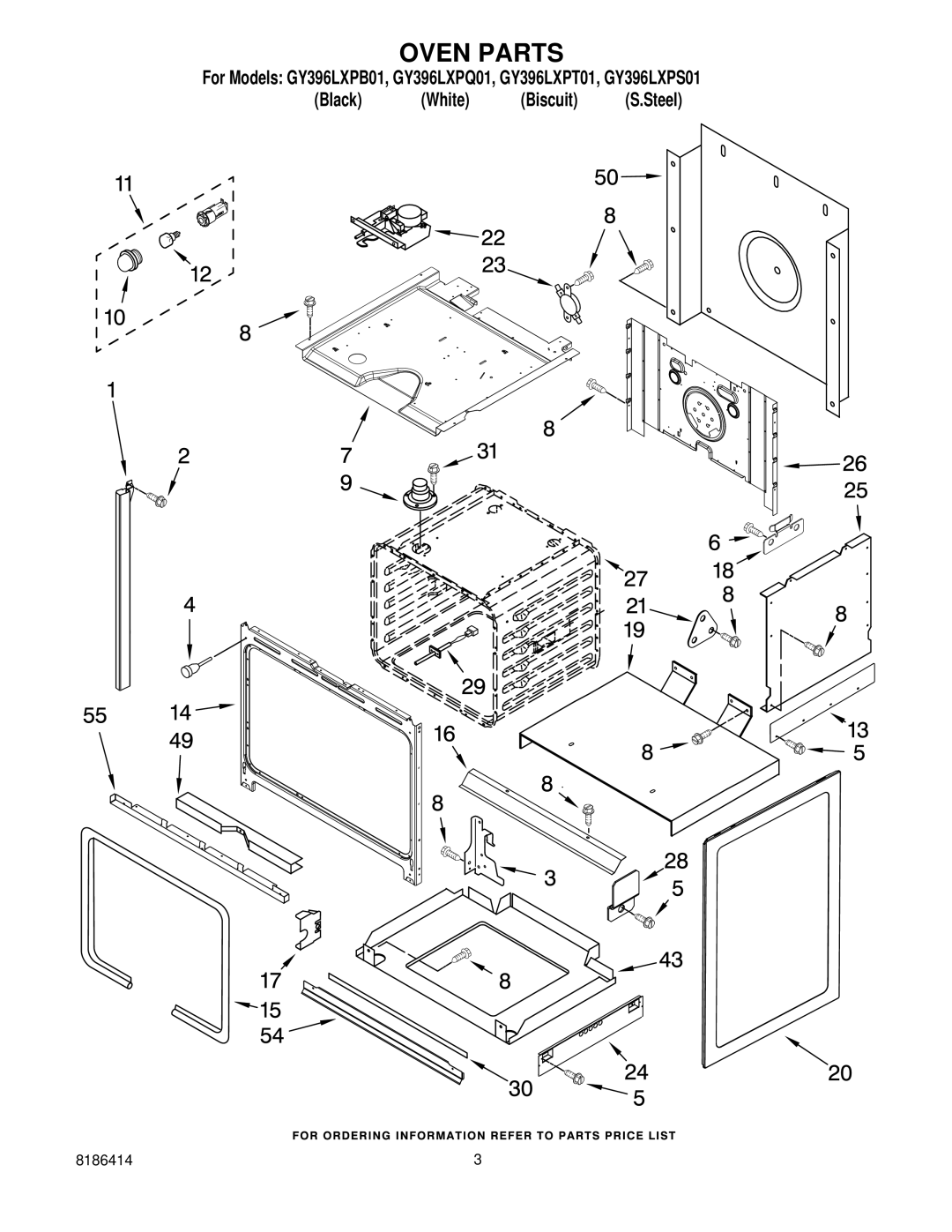 Whirlpool GY396LXPS01, GY396LXPQ01, GY396LXPB01, GY396LXPT01 manual Oven Parts 