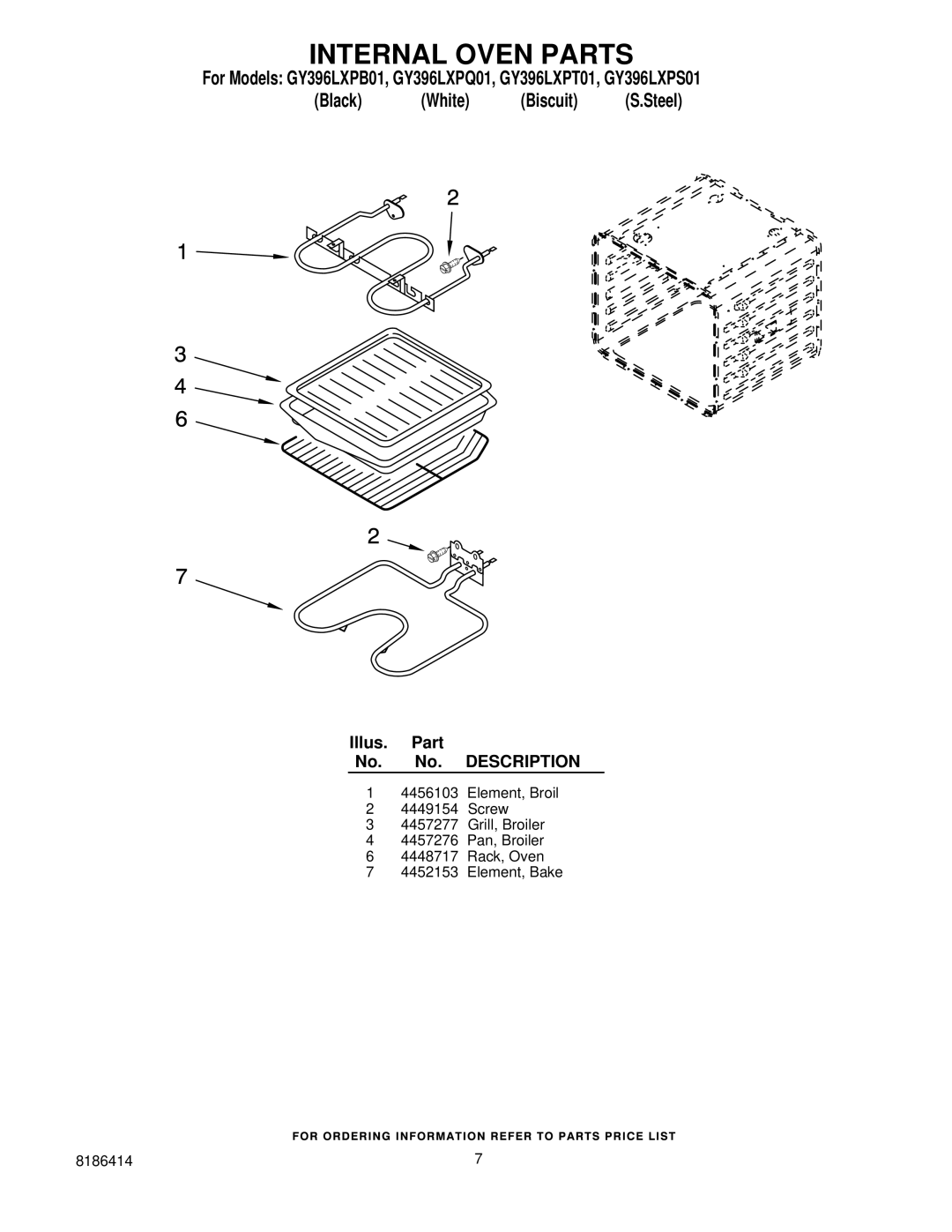 Whirlpool GY396LXPS01, GY396LXPQ01, GY396LXPB01, GY396LXPT01 manual Internal Oven Parts 