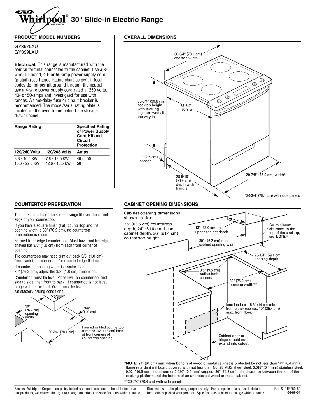 Whirlpool GY399LXU, GY397LXU dimensions Slide-in Electric Range, Product Model Numbers, Overall Dimensions 