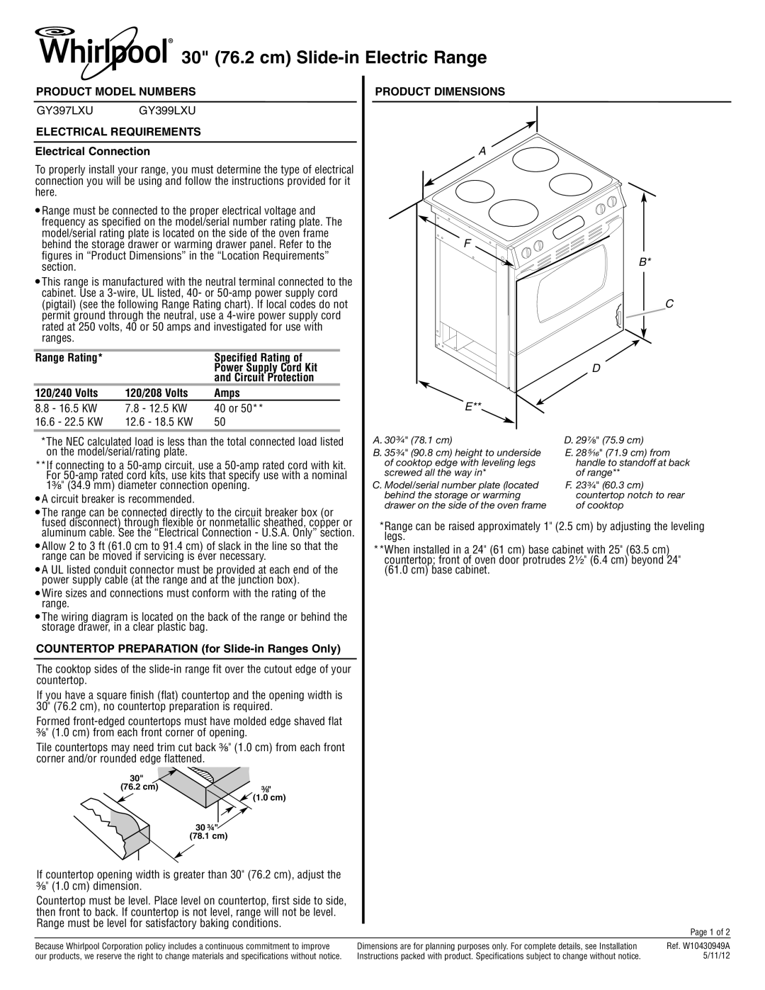 Whirlpool GY399LXU, GY397LXU specifications Product Model Numbers, Electrical Requirements, Electrical Connection 