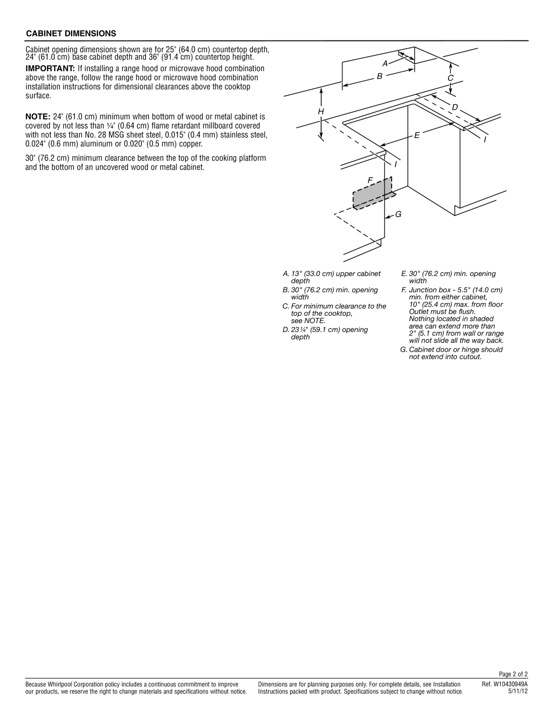 Whirlpool GY397LXU, GY399LXU specifications Cabinet Dimensions, Cabinet door or hinge should not extend into cutout 