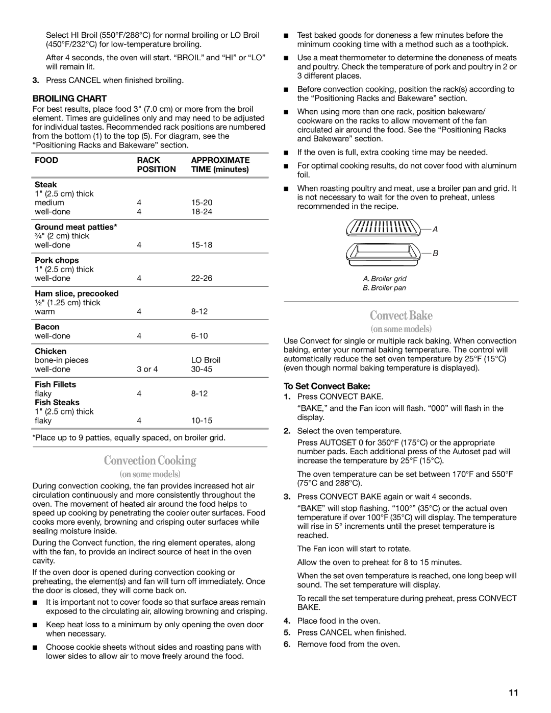 Whirlpool GY397LXUS ConvectionCooking, ConvectBake, Broiling Chart, To Set Convect Bake, Food Rack Approximate Position 