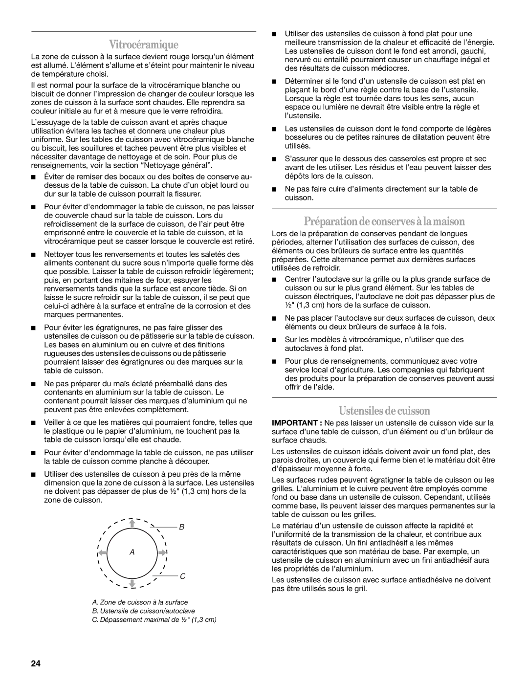 Whirlpool GY397LXUS manual Vitrocéramique, Préparationdeconserves àlamaison, Ustensiles decuisson 