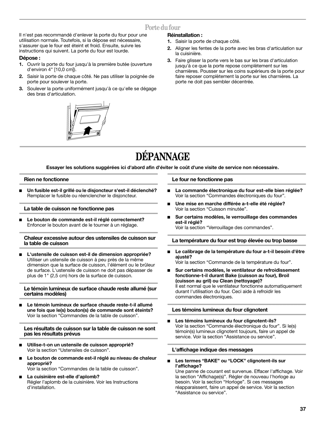 Whirlpool GY397LXUS manual Dépannage, Portedufour 