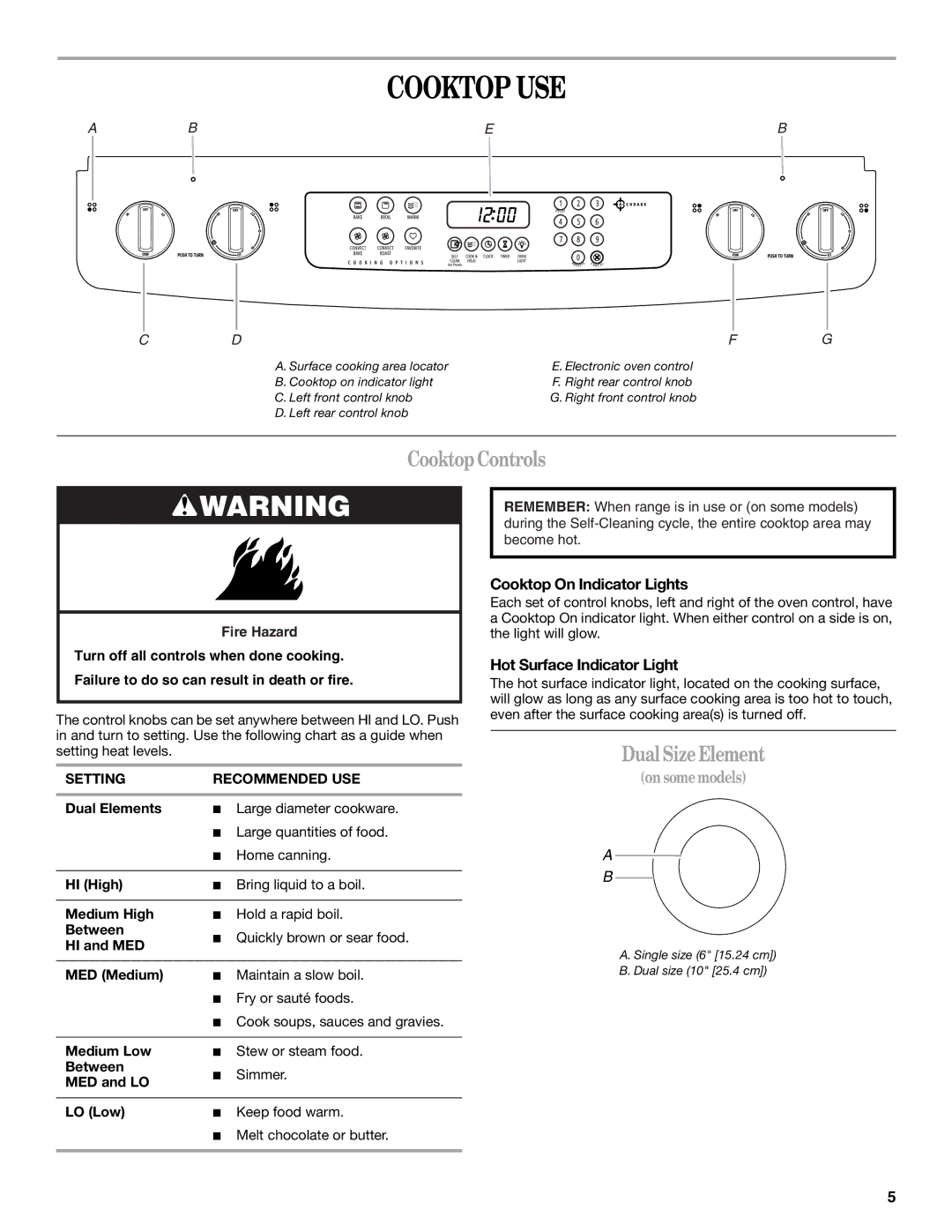 Whirlpool GY397LXUS manual Cooktop USE, CooktopControls, Dual SizeElement, Cooktop On Indicator Lights 