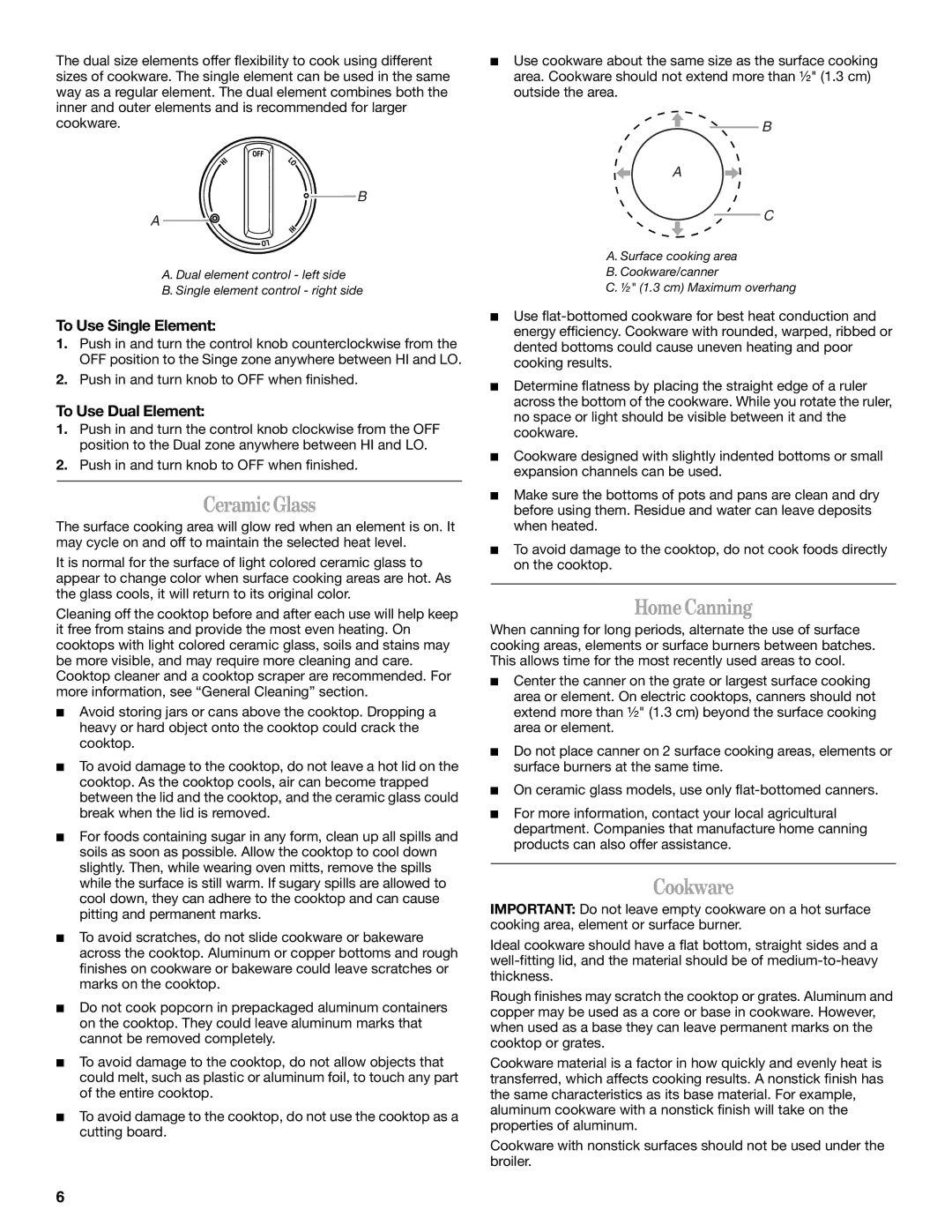 Whirlpool GY397LXUS manual CeramicGlass, HomeCanning, Cookware, To Use Single Element, To Use Dual Element 