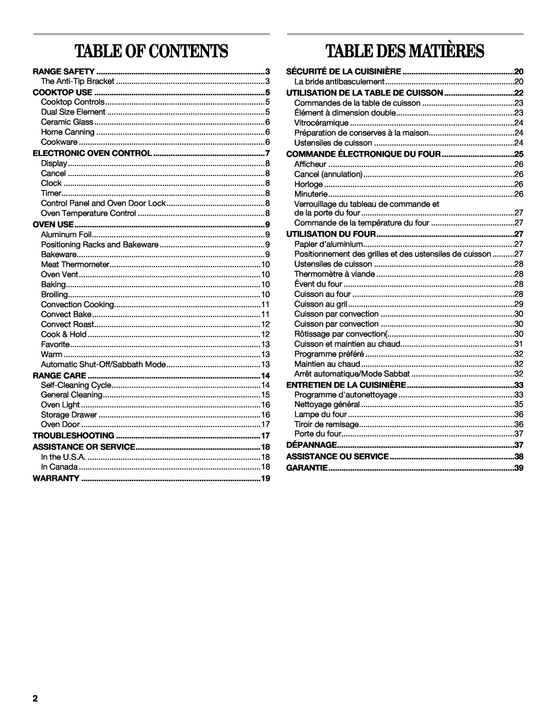 Whirlpool GY397LXUS manual Table Des Matières, Table Of Contents 