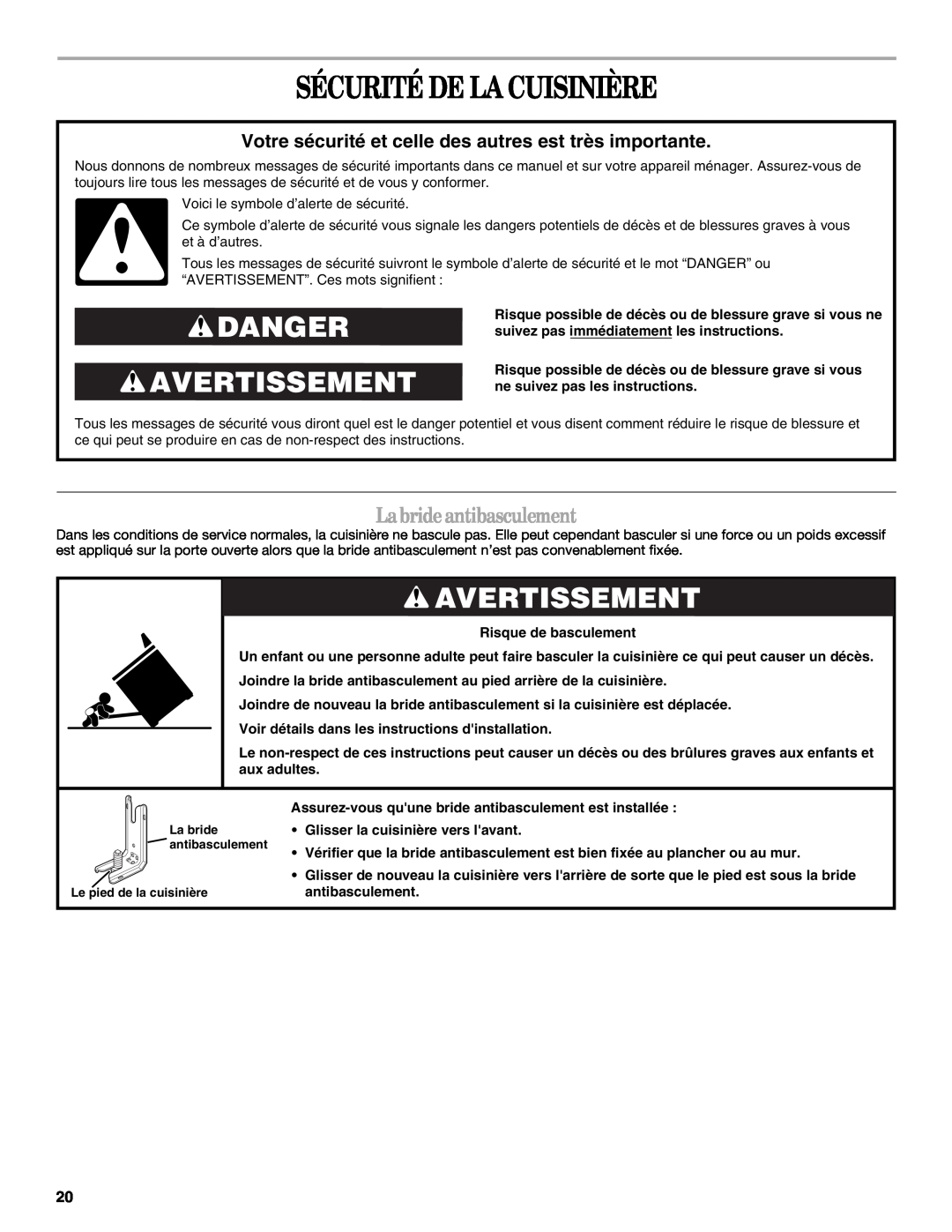Whirlpool GY397LXUS manual Sécurité De La Cuisinière, Danger Avertissement, Labrideantibasculement 