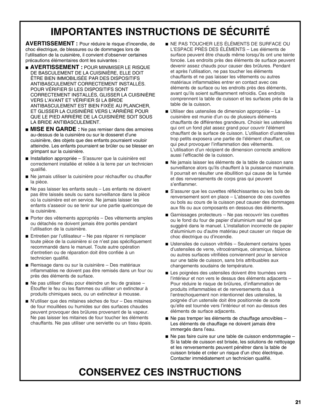 Whirlpool GY397LXUS manual Importantes Instructions De Sécurité, Conservez Ces Instructions 