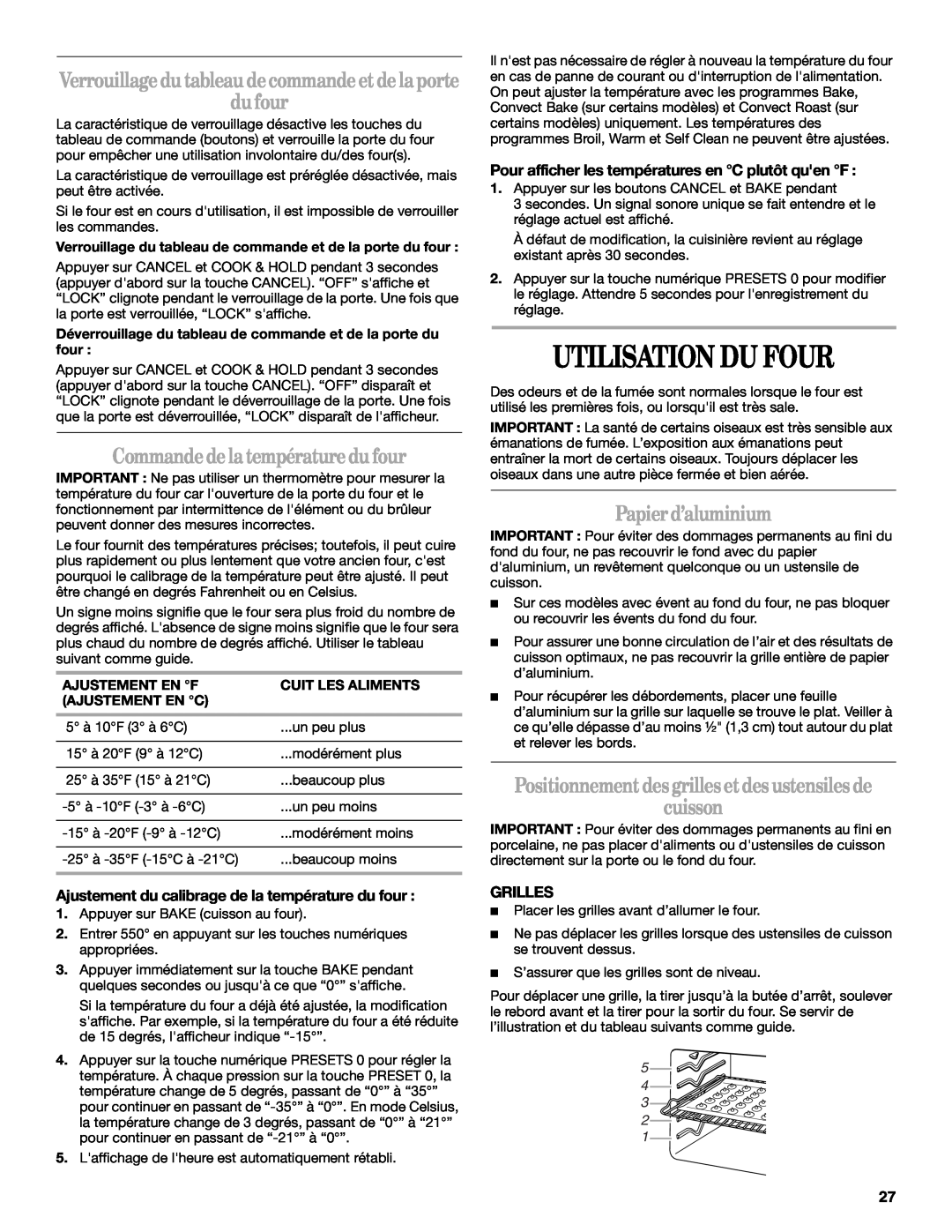 Whirlpool GY397LXUS manual Utilisation Du Four, Commandedelatempératuredufour, Papierd’aluminium, cuisson, Grilles 